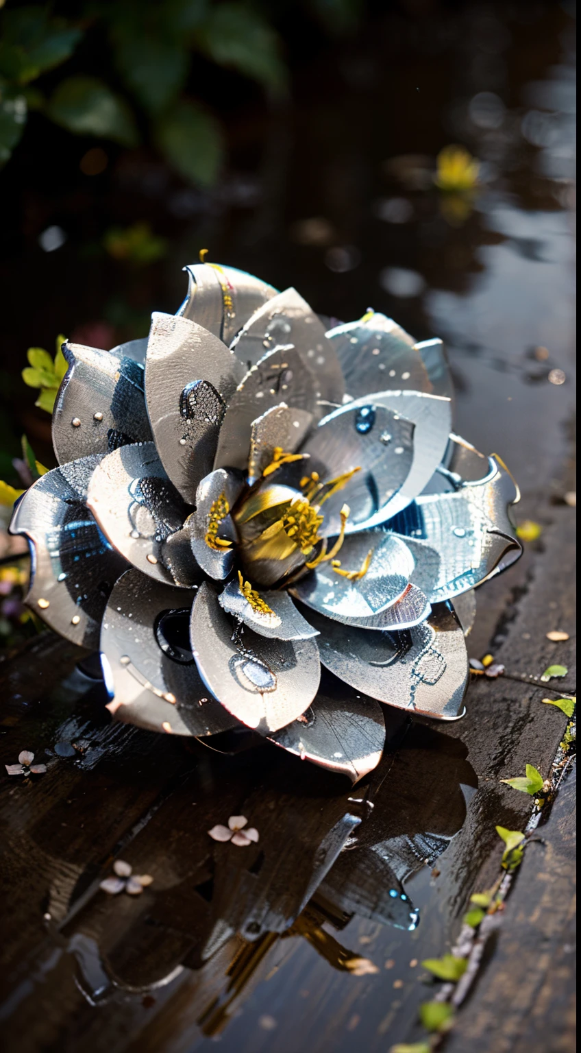 ((masterpiece)), extreme close up on a flower on garden, after rain, water drops, [:(metal flower:1.4), (flower AND metal), the flowers petals are made of metal, the petals have a metalic appearance, relections, surface sccatering,:8], extreme high quality, professional image, the image has a round center, cinematic, artistic, 4k, perfect lighting, beautiful, bokeh