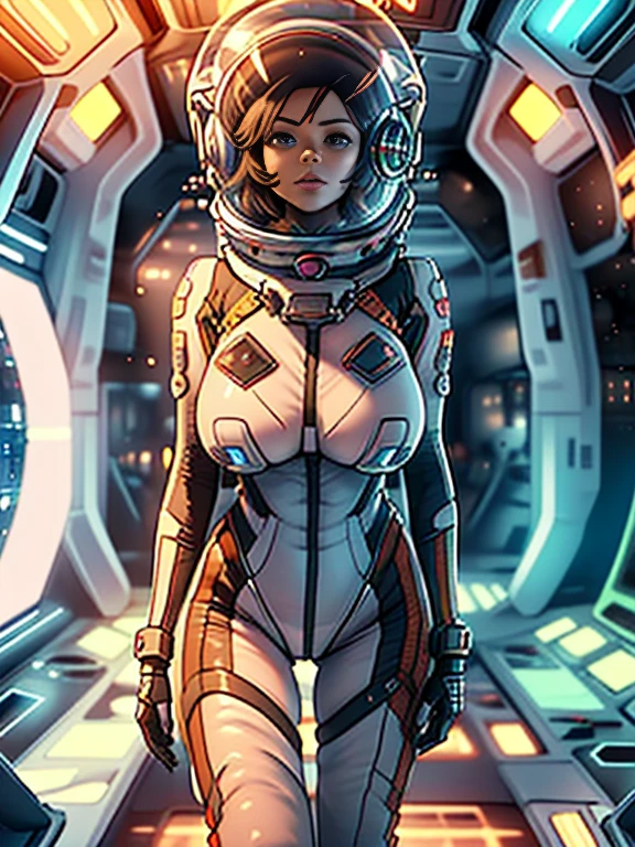 1 French woman, her age is 25, ((full body)), ((nude)), ((heavily armored space commander)), beautiful chest, standing with her legs spread apart, in her huge space ship at deep space far from the galaxy, no planet and no moon around there, milky way outside of the ship, zoom in from below, ((enlarge the girl))