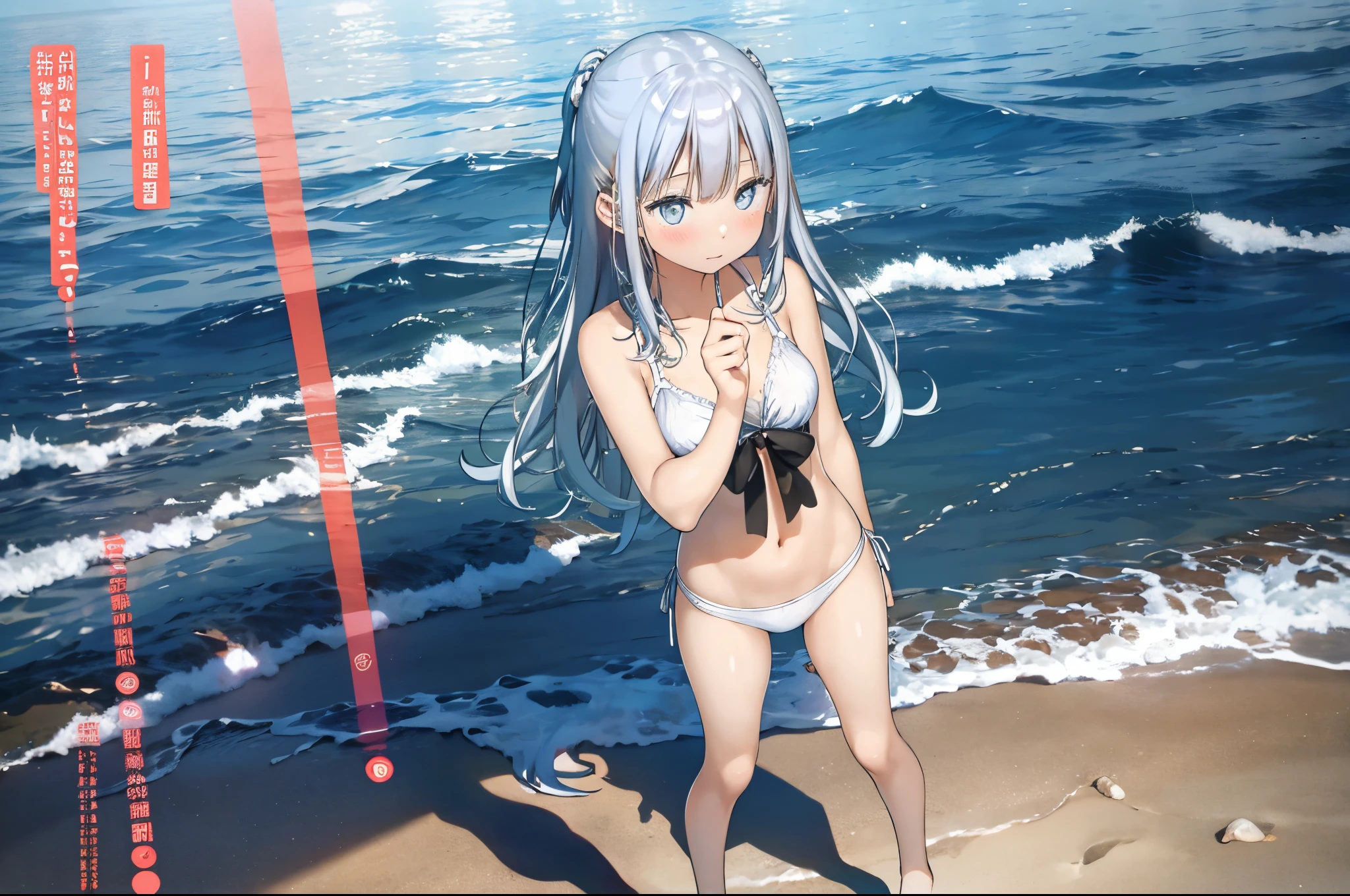 a girl、 female、a picture、realisticlying、top-quality、adopt、A detailed face、the beach、Southland、full body Esbian、White Bikini、a detailed backgrounds、diffuse sunlight、depth of fields、Bokeh,dutch angle