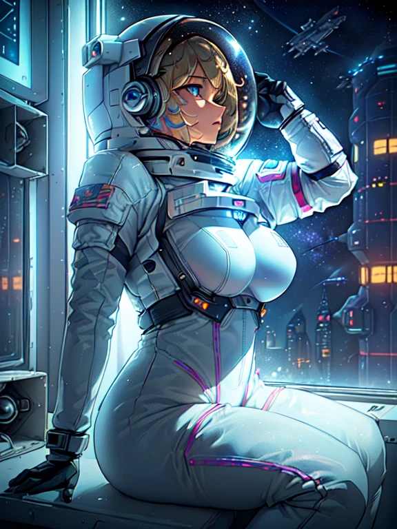masterpiece:1.4, 1girl in ((20yr old,Spacesuit helmet、 Wearing a futuristic white and silver costume, Tight Fit Bodysuit, long boots, Very gigantic-breasts, Multicolored blonde hair, a short bob, Perfect model body, Blue eyes:1.4, Wearing headphones, Flirting, Looking out the window of the futuristic sci-fi space station、While admiring the beautiful galaxy:1.2, SFSF control room on night background:1.1, Neon and energetic atmosphere:1.2)) ((Galaxy)) ((Solo:1.6))