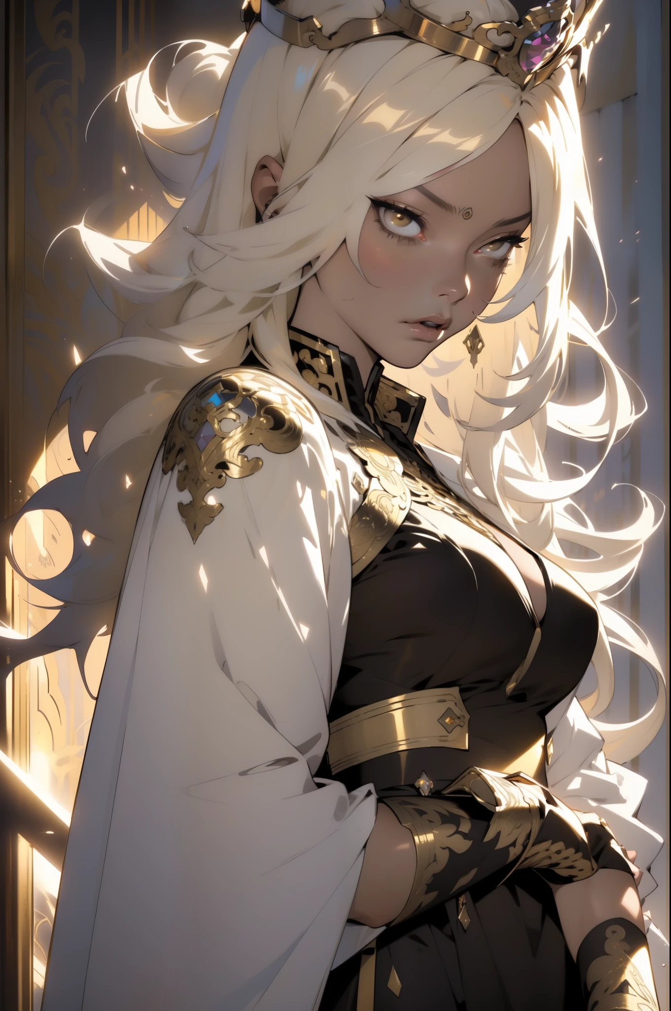 (looking at pov) highly detailed face, realistic face, golden katana, (oversized clothes:1.2), miniskirt,  (dark coat with ornate golden embroidery, golden embellished), (white hair, golden streaks on hair), yellow eyes, thigh strap, (neo city), (clouds), add_detail:1, hair over one eye, largest_breasts!!, (ultra-detailed), hyper details, (intricate details), (cinematic light, best quality Backlights), from pov, perfect body, ), (crown: 1.1), Proud, high contrast, (best illumination, an extremely calm and beautiful),, brown skin, Daylight, 1girl, gold skin, jujutsu kaisen style, (masterpiece), best quality