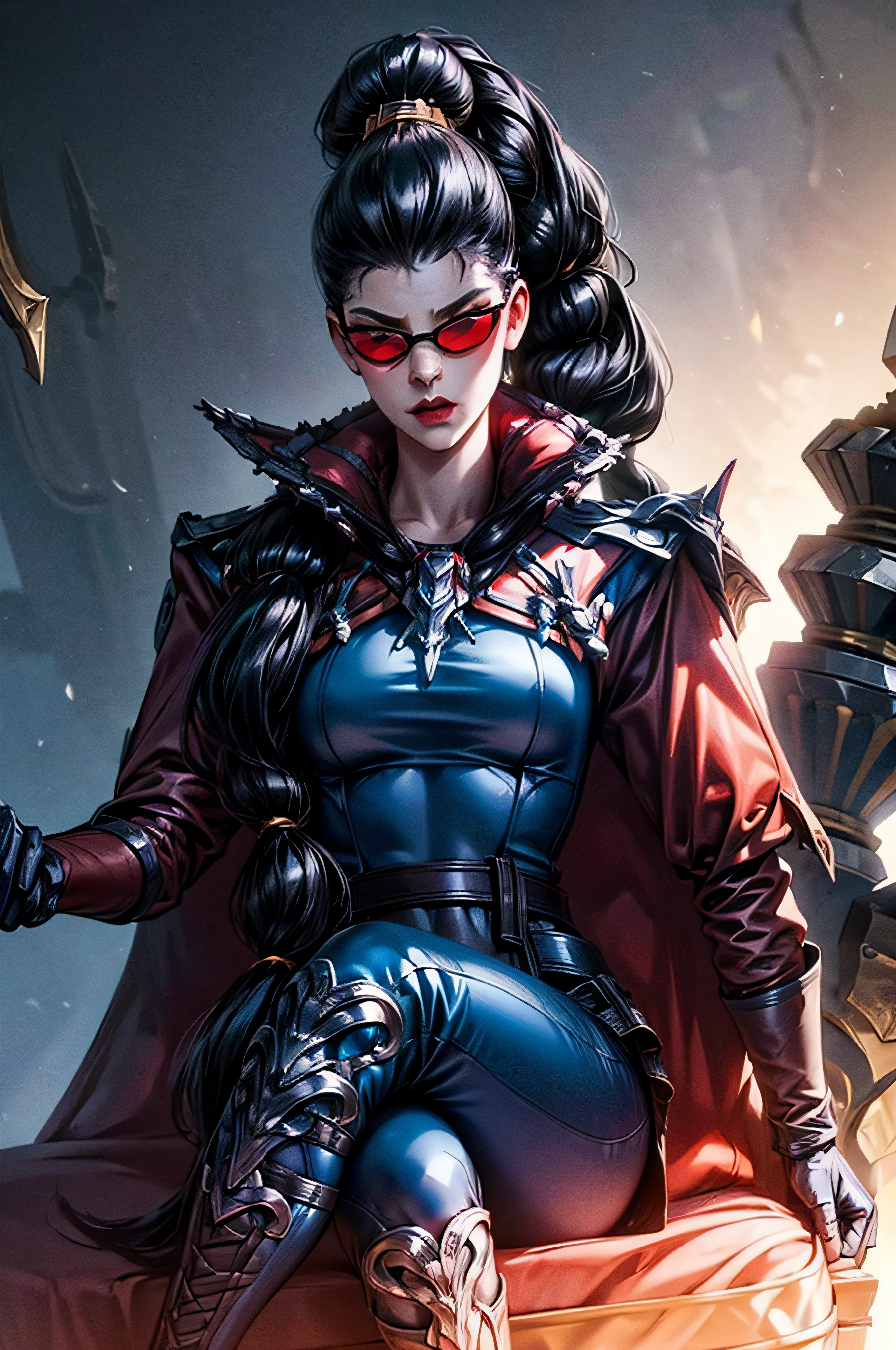 (masterpiece), best quality, expressive eyes, perfect face, vayne, 1girl, solo, long hair, black hair, gloves, ponytail, cape, sunglasses, ruin background,sitting, crossed legs, portrait, looking at viewer, from frontal