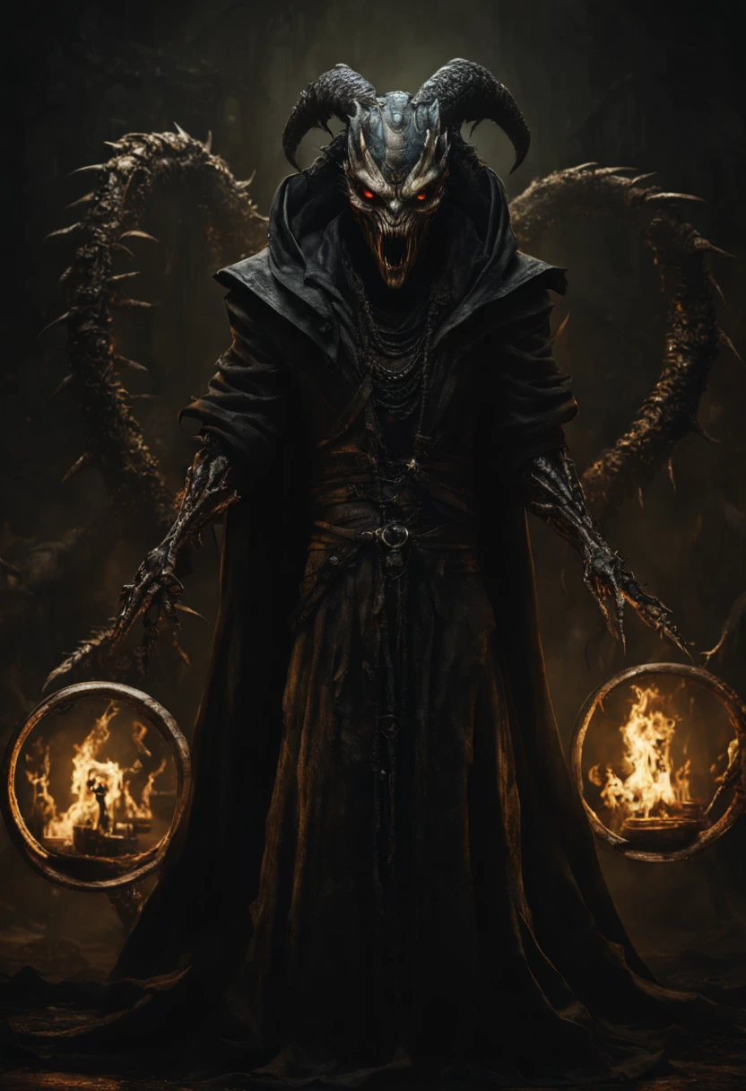 a full body terrifying sorcerer, a xenomorphic monster with wild eyes, fangs and drooling, his terrifying presence envelops the viewer's senses: a tall figure in a billowing ebony robe, tattered and marked with mysterious symbols. In a dimly lit camera, captured in remarkable detail in vivid oil painting, the magician's sinister eyes pierce the canvas, appearing as if they could stare directly into the soul. The image is a masterful work of art, presenting an intense and chilling embodiment of dark magic, cinematic photography and the unreal engine 5.2