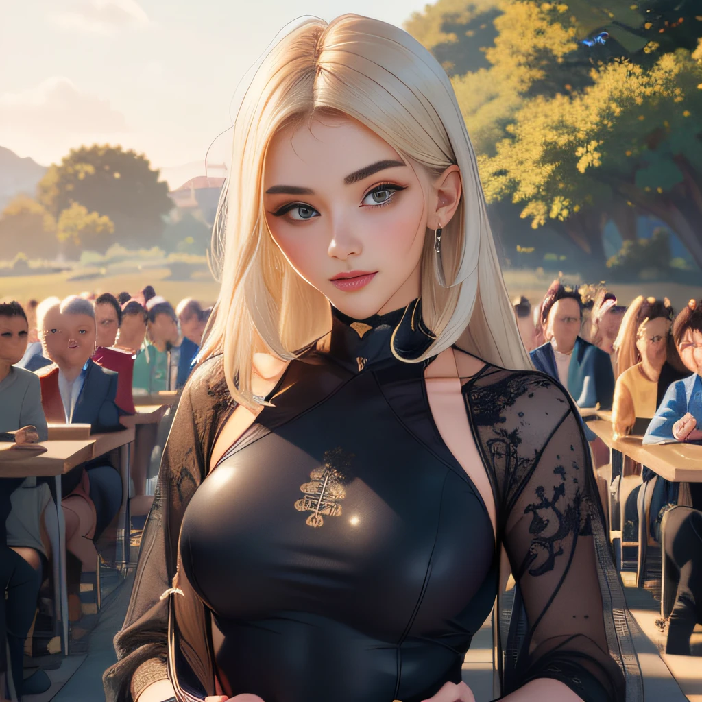 (Extremely detailed 8k wallpaper:2), (photo:2), (soigne Beautiful girl:2), (gives a lecture to friends:2), detailed (Face and eyes), (hyper realistic:1), (highly detailed:1), (epic realistic:1), rim light, (maximum details:1), cozy, (fullbody:1.3), (looking at viewer:2), (Woman's Attractive Qualities:2), (Attractive Woman:2), (Attractive:2), Smile, Intelligence, Empathy, Gracefulness, Sense of Style, Fitness, Grooming, Optimism, (Sensitivity:2), Sincerity, Romantic Gestures, Playfulness, Fashion Sense, (Sensuality:2), Charm, Modesty, Thoughtfulness, (Femininity:1), Flirtatiousness, Warmth, (Physical attractiveness:2), A beautiful smile, A love of life, strength and power, vulnerability, curiosity, wonder, love, (nature background:2), kawaii, waifu, Beautiful breasts, (attractive body:2), (Beautiful body:2), Beautiful pose, attractive pose, (Beautiful legs:1.0), (Beautiful clothes:1), (classic clothes:2), (elegant clothes:2), (European clothes:2), detailed clothes, (skirt:1), (blouse:1), (provocative pose)