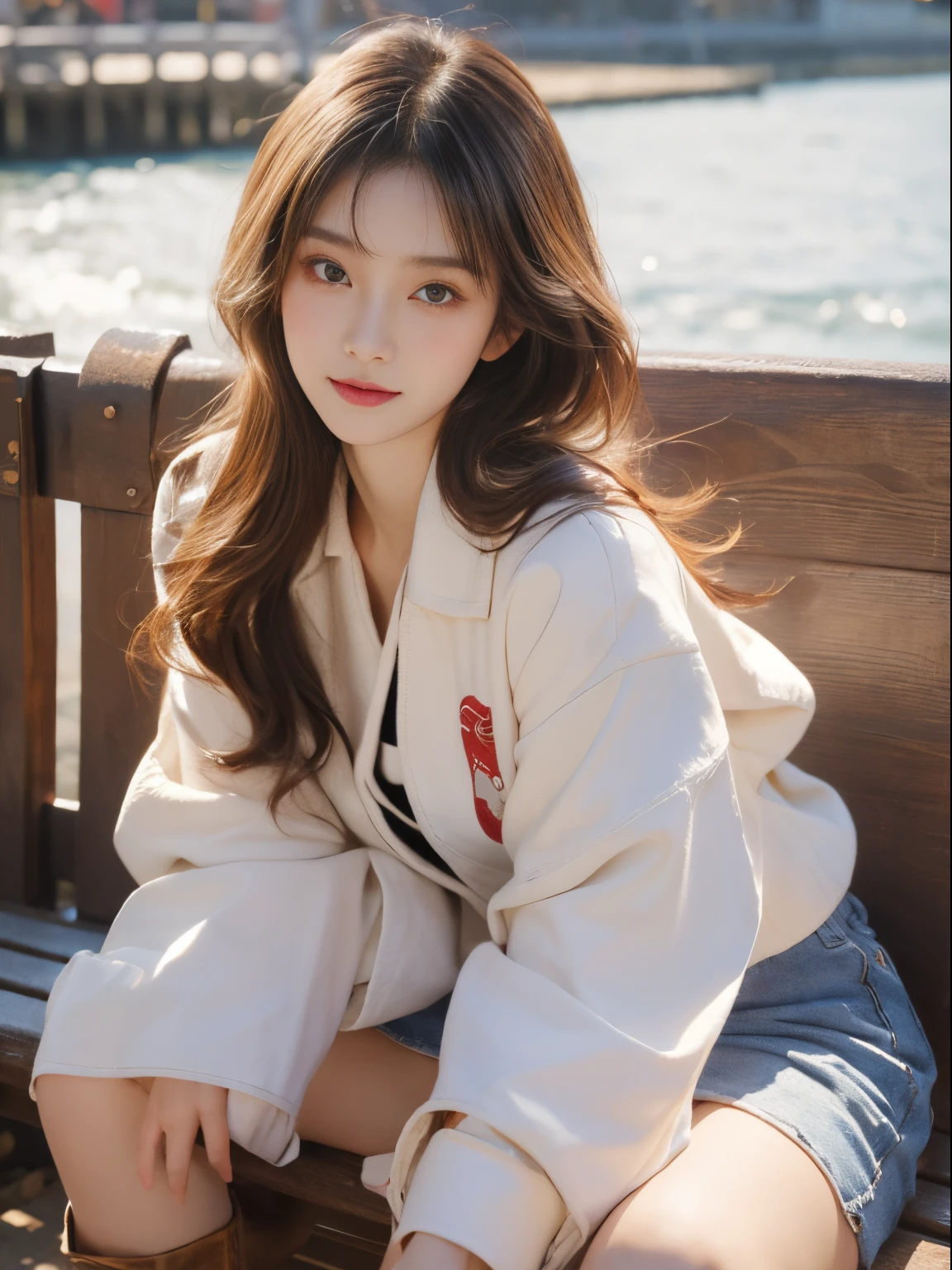 ​masterpiece、8K、32K、top-quality、(A detailed eye)、(A cute Japanese woman、bangss)、23years old、1 girl in、elegent、(Detailed background depiction、Sunlight、portlate:1.2)、(Onepiece:1.2)、newyork、sit on a bench、(long boots:1.1)、cowboy  shot、ssmile、head shot