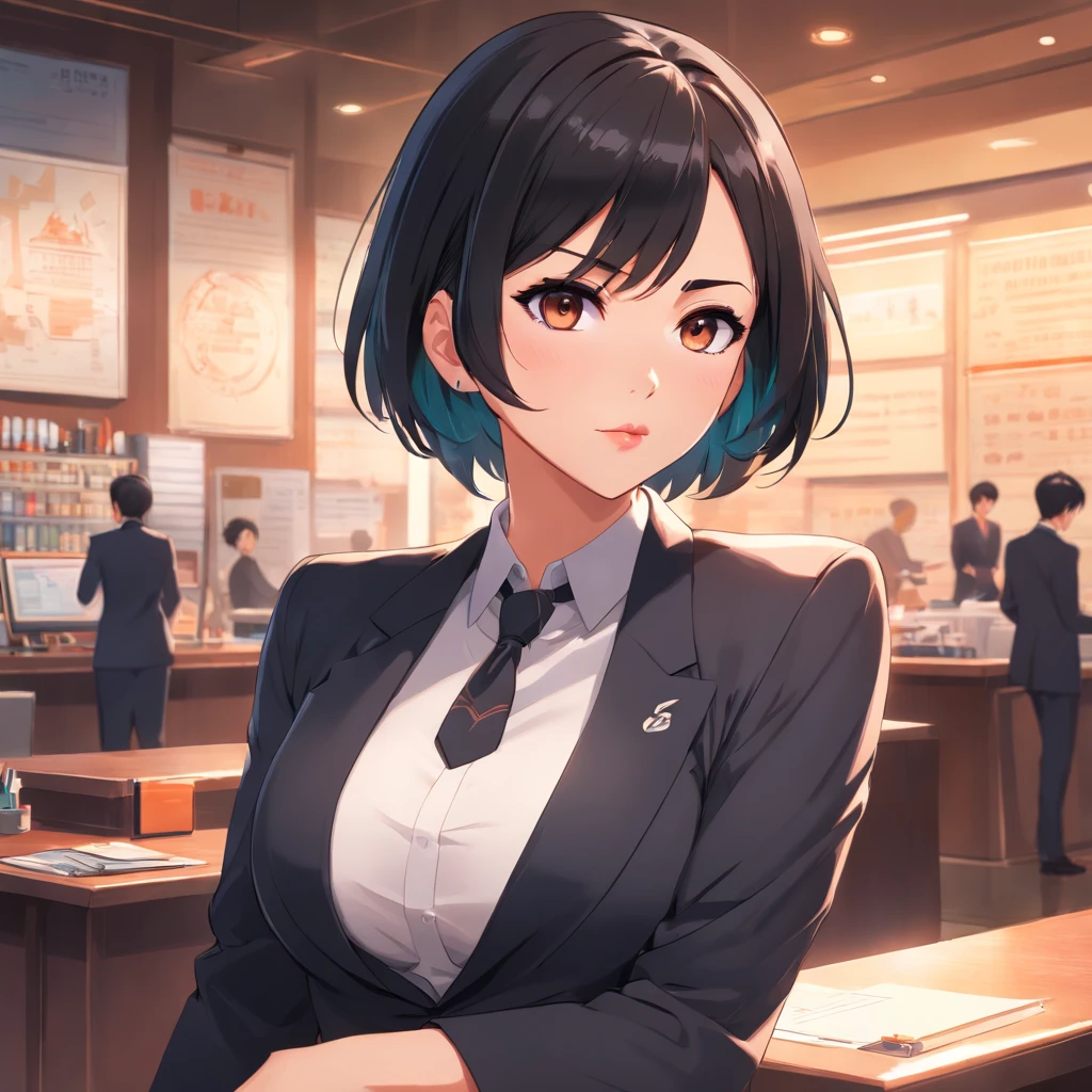 Female busty business woman, short black hair, wearing makeup, wearing business outfit, sexy, cute, full lips, wearing lipstick, black clothing, brown eyes, busty, has tattoos, wearing earrings