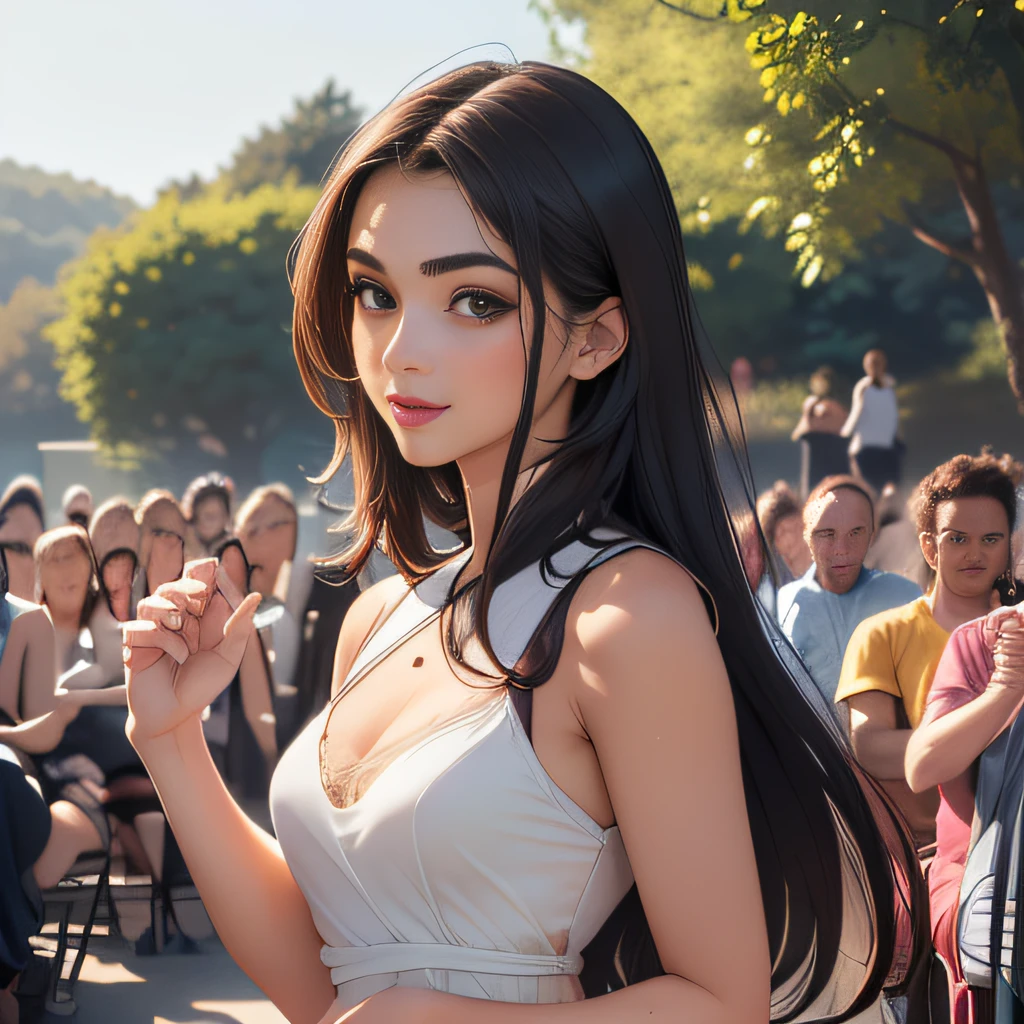(Extremely detailed 8k wallpaper:2), (photo:2), (soigne Beautiful girl:2), (gives a lecture to friends:2), detailed (Face and eyes), (hyper realistic:1), (highly detailed:1), (epic realistic:1), rim light, (maximum details:1), cozy, (fullbody:1.3), (looking at viewer:2), (Woman's Attractive Qualities:2), (Attractive Woman:2), (Attractive:2), Smile, Intelligence, Empathy, Gracefulness, Sense of Style, Fitness, Grooming, Optimism, (Sensitivity:2), Sincerity, Romantic Gestures, Playfulness, Fashion Sense, (Sensuality:2), Charm, Modesty, Thoughtfulness, (Femininity:1), Flirtatiousness, Warmth, (Physical attractiveness:2), A beautiful smile, A love of life, strength and power, vulnerability, curiosity, wonder, love, (nature background:2), kawaii, waifu, Beautiful breasts, (attractive body:2), (Beautiful body:2), Beautiful pose, attractive pose, (Beautiful legs:1.0), (Beautiful clothes:1), (classic clothes:2), (elegant clothes:2), (European clothes:2), detailed clothes, (skirt:1), (blouse:1), (provocative pose)