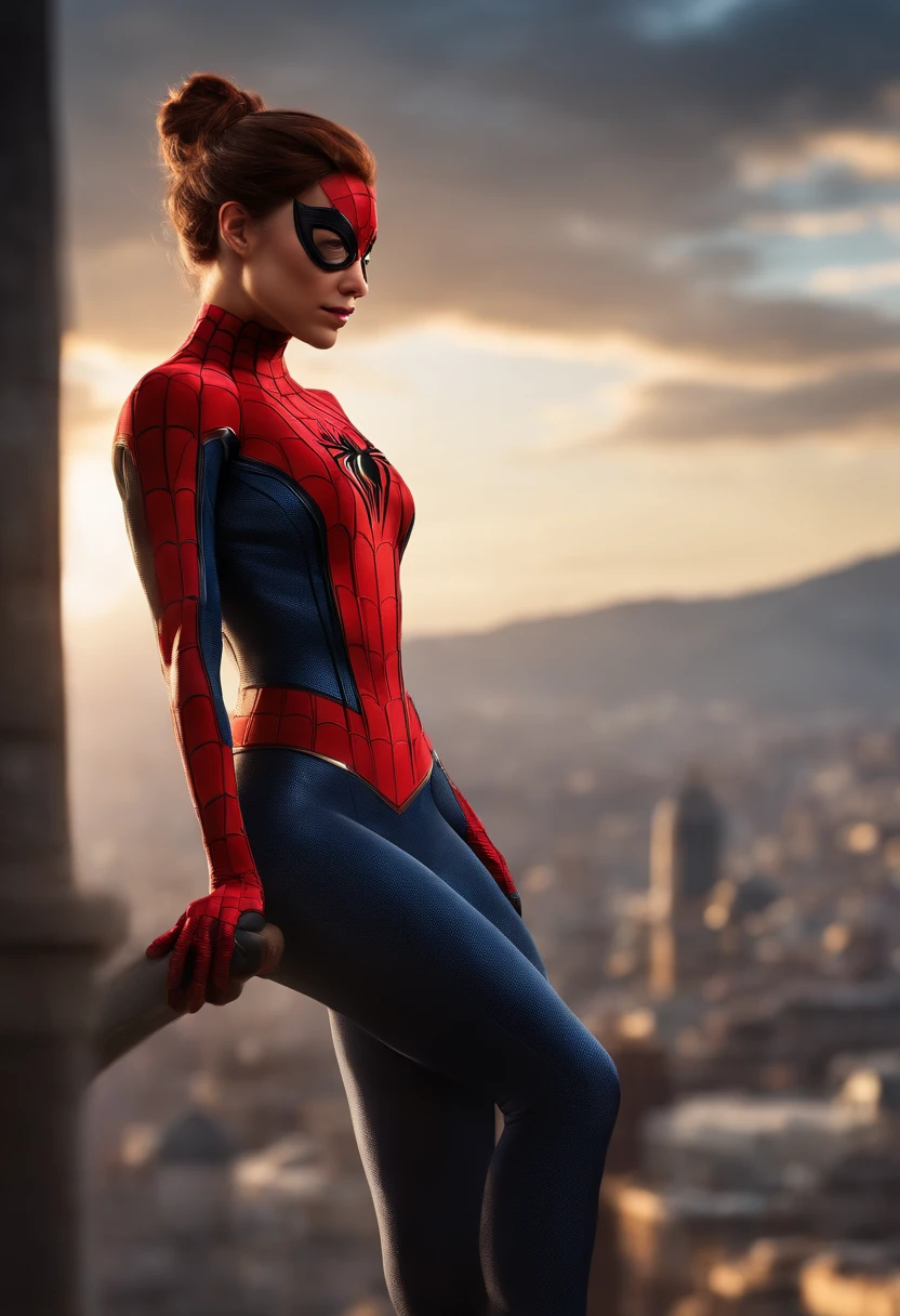Full body photo of female Spiderman, atmospheric scene, (1girl, detailed beautiful face, big, breasts, big butt, detail skin texture, ultra-detailed body:1.1), rear view, masterpiece, best quality, UHD, masterpiece, super detail, high details, high quality, award winning, best quality, highres, 16k