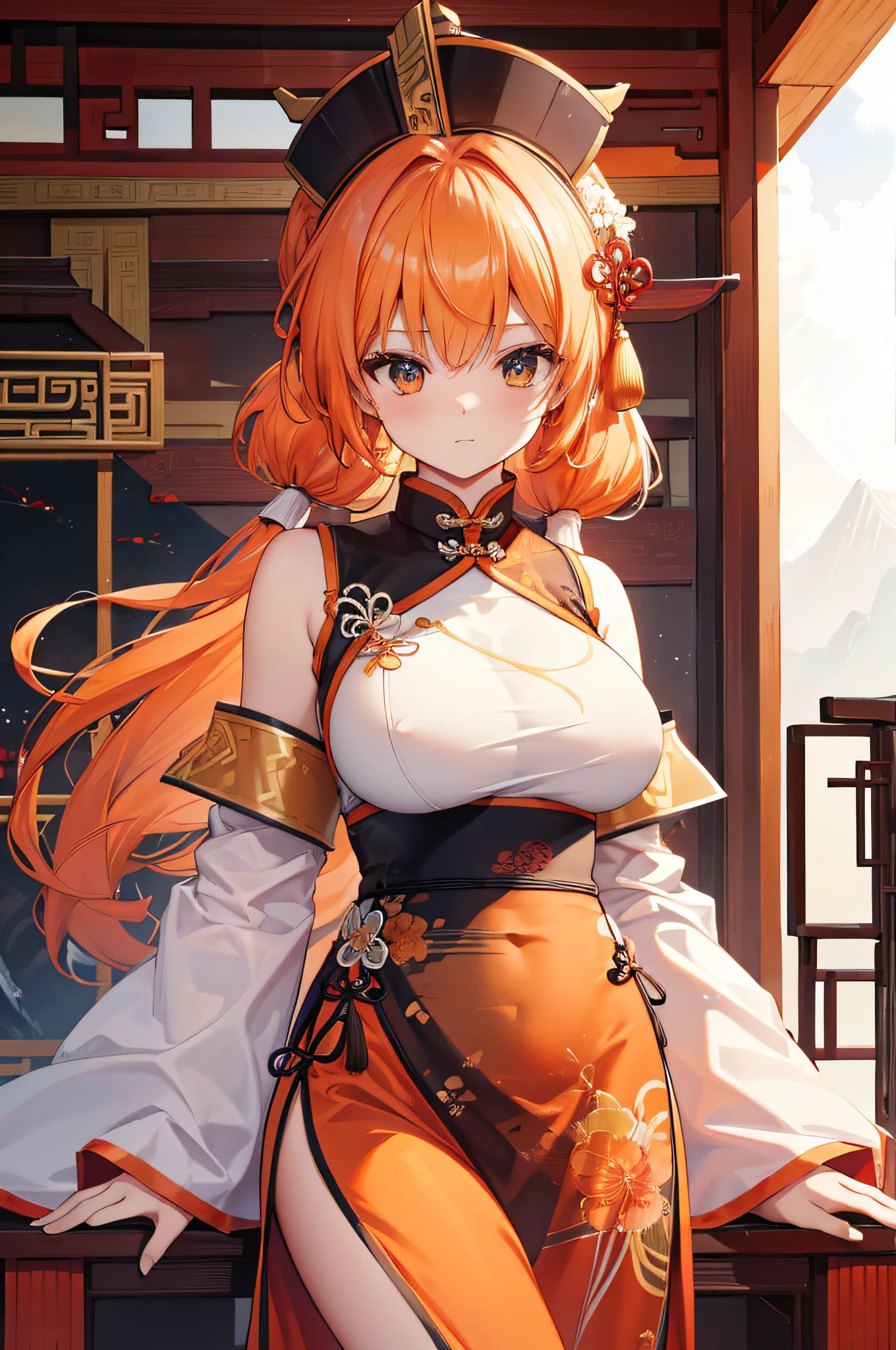 4k,hight resolution,White orange hair,poneyTail,huge tit,Ancient Chinese armor,Ancient Chinese Dresses,ancient chinese crown,spear,Ancient Chinese town