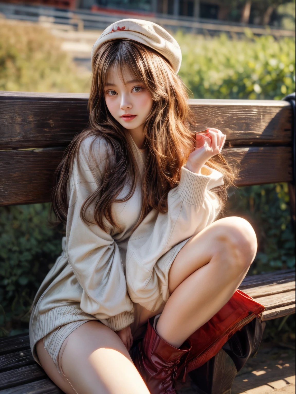masterpiece、8K、32K、top-quality、(A detailed eye)、(A cute Japanese woman、bangss)、23years old、1 girl in、elegent、(Detailed background depiction、Sunlight、portlate:1.2)、(Onepiece:1.2)、newyork、sit on a bench、(long boots:1.1)、cowboy shot、ssmile、head shot