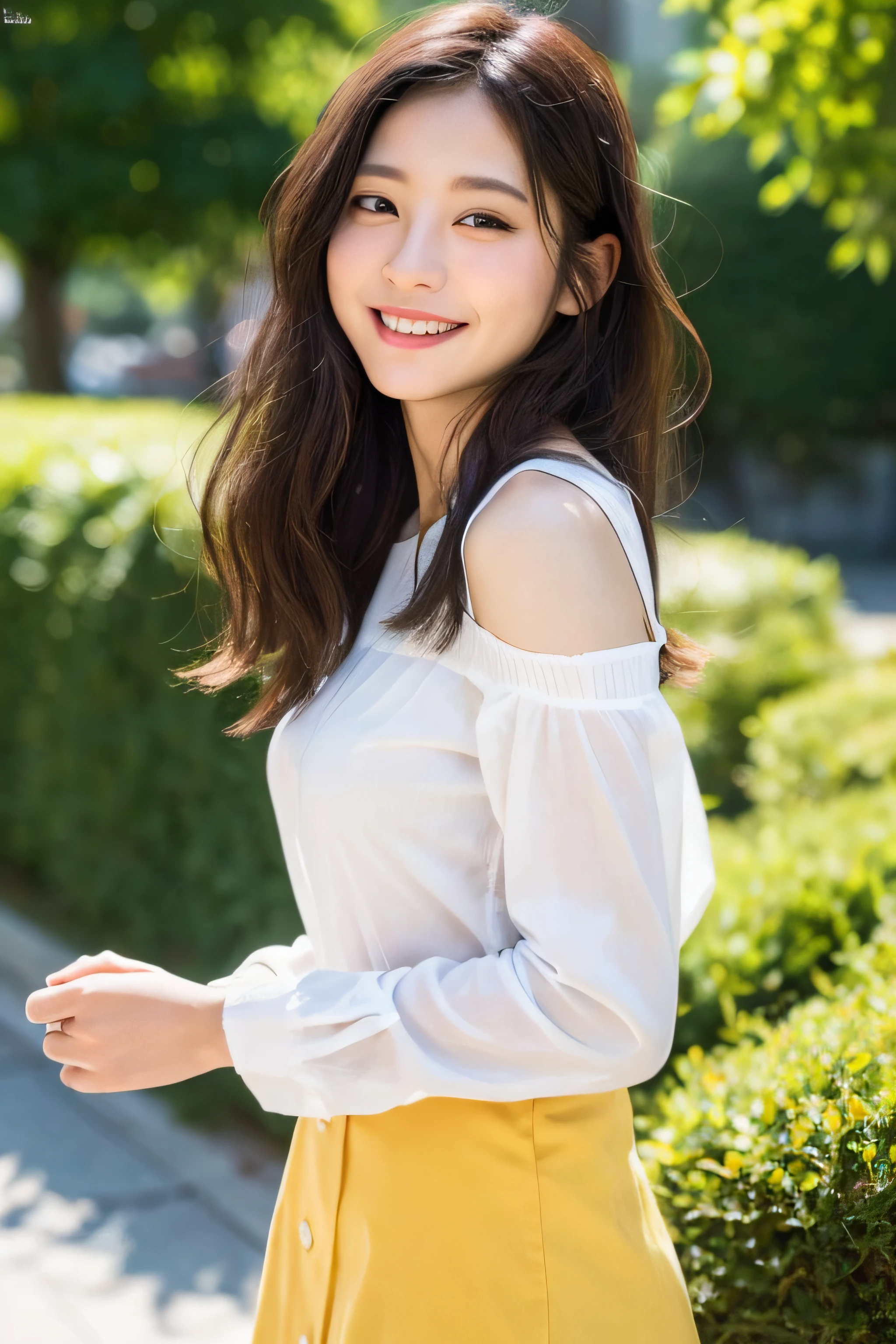 A woman in a white shirt and yellow skirt posing for a picture - SeaArt AI