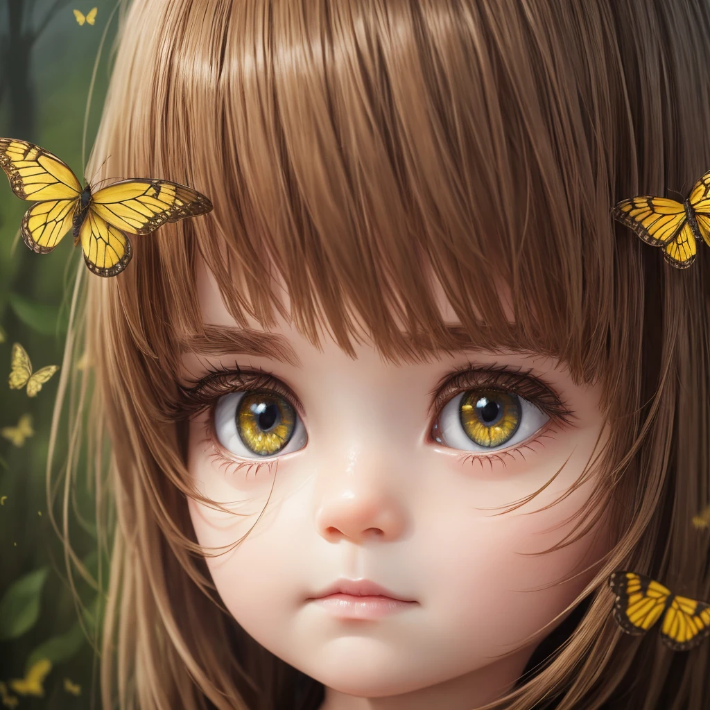 Portrait of a cute girl, 5-6 years old, dark red hair, big yellow-green eyes, plump bow lips, light yellow jumpsuit, realism, watercolor, 4K, High detail