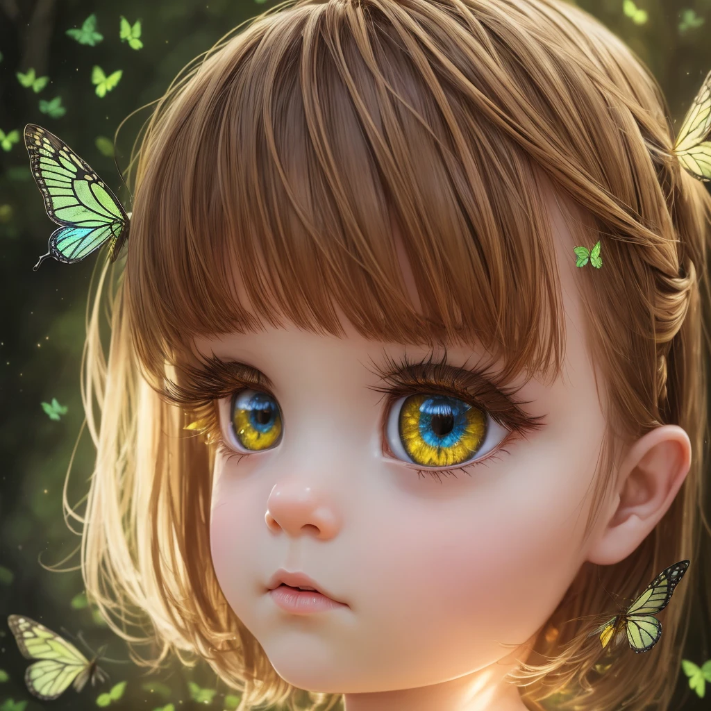 Drawing, realistic fantasy, clarity, detail 8kk, solo, portrait, (ultradetailing), children's appearance, (ultradetailing), girl 2 years old, brown hair, (hair detailing), big yellow eyes, (fine eye detailing), thick eyelashes, (eyelash detailing), meadow, glowing butterflies, (detailing the surrounding nature), godrays and fog, 4k