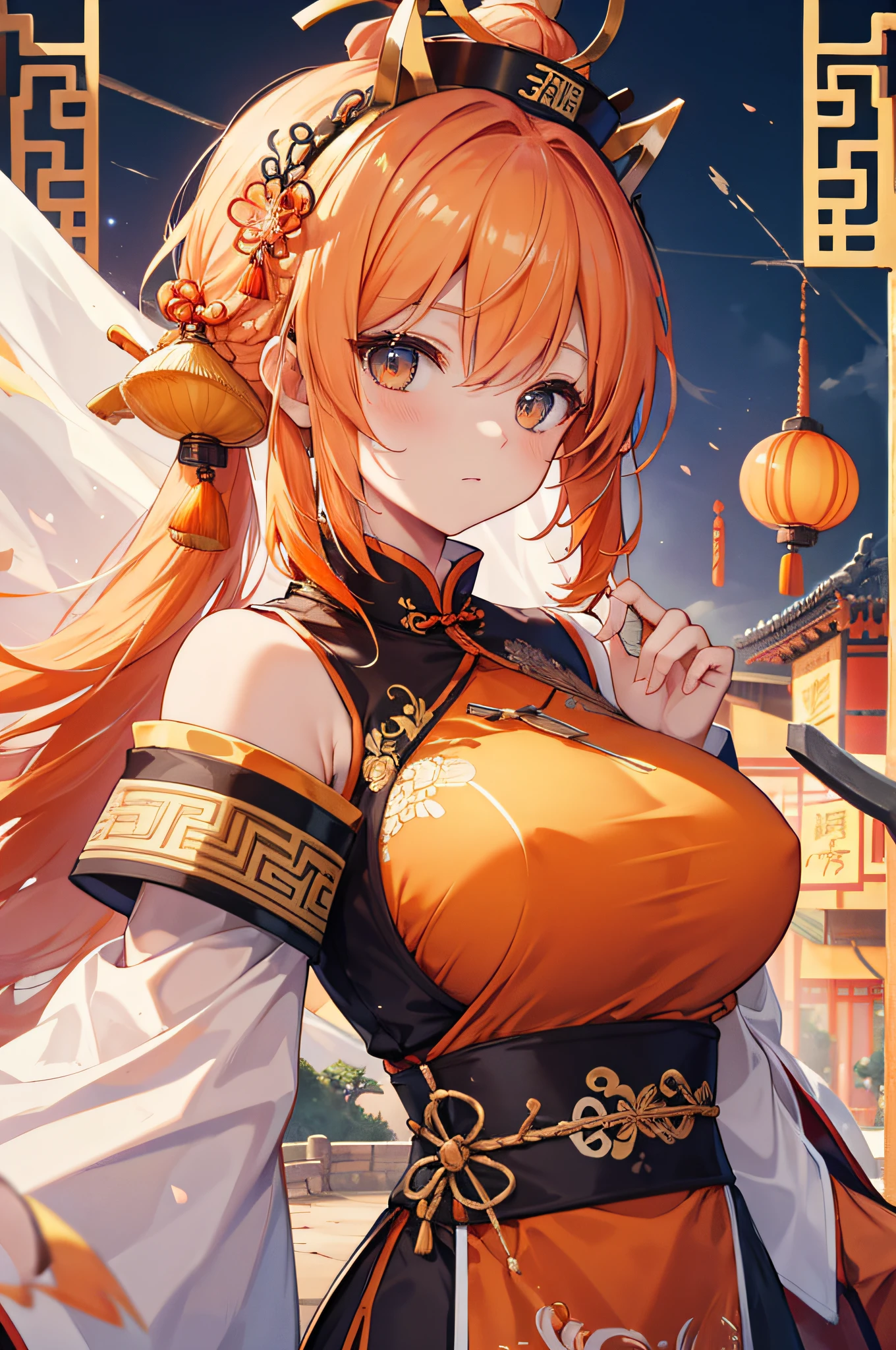 4k,hight resolution,White orange hair,poneyTail,huge tit,Ancient Chinese armor,Ancient Chinese Dresses,ancient chinese crown,spear,Ancient Chinese town