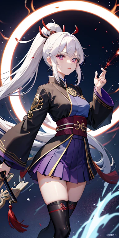keqing, japanese clothes, ponytail ,white hair, purple eyes, magic circle, blue fire, blue flames, wallpaper, landscape, blood, blood splatter, depth of field, night, light particles, light rays, sidelighting, thighs, fate \(series\), genshin impact, ****, open jacket, skirt, thighhighs, cloud