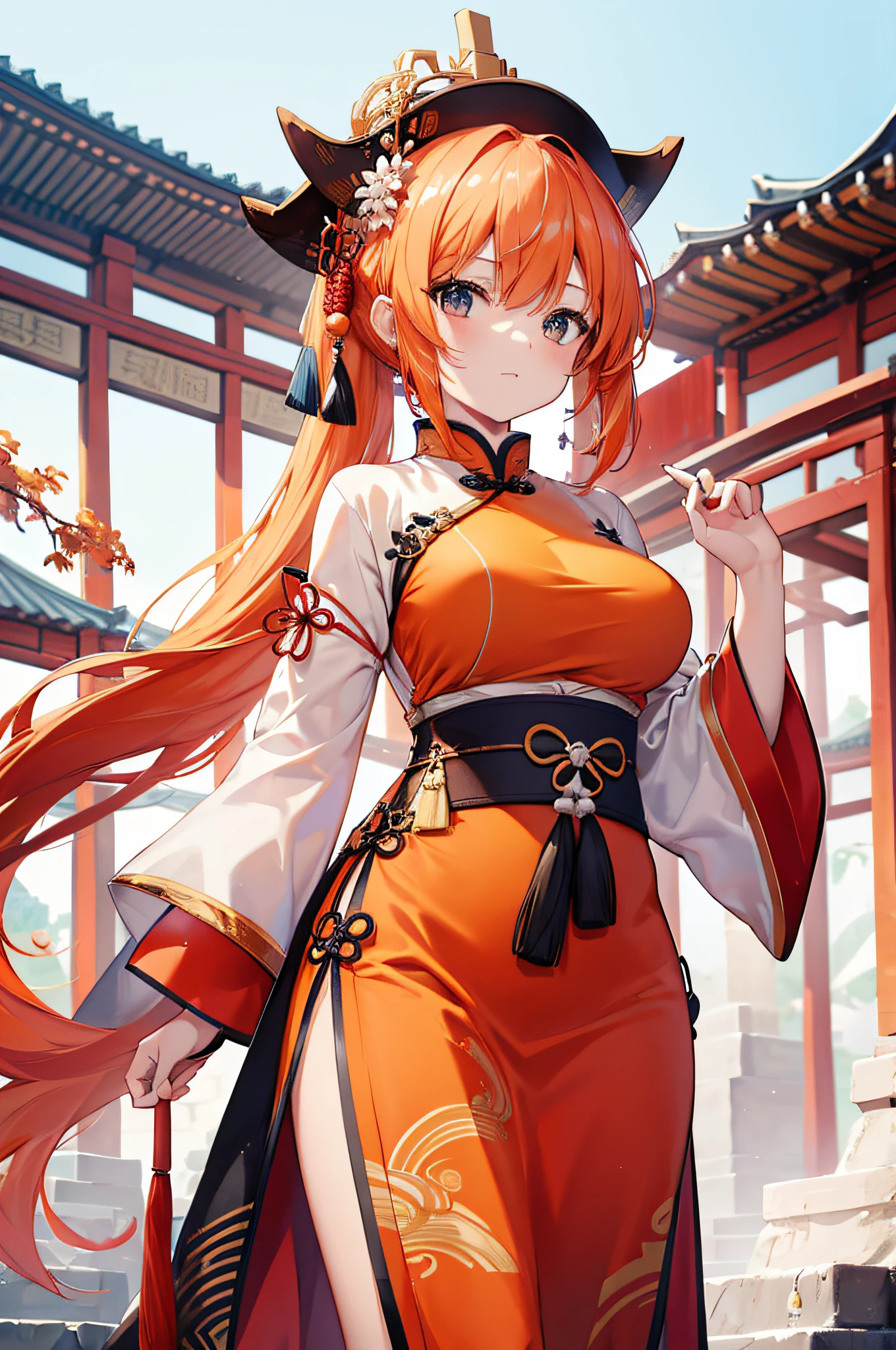 4k,hight resolution,White orange hair,poneyTail,huge tit,Ancient Chinese armor,Ancient Chinese Dresses,ancient chinese crown,spear,Ancient Chinese town