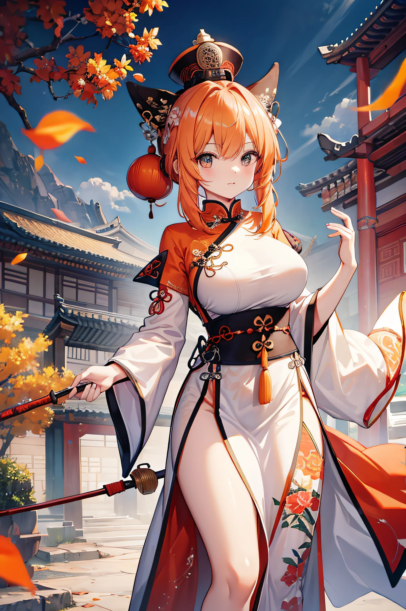 4k,hight resolution,White orange hair,poneyTail,huge tit,Ancient Chinese armor,Ancient Chinese Dresses,ancient chinese crown,spear,Ancient Chinese town