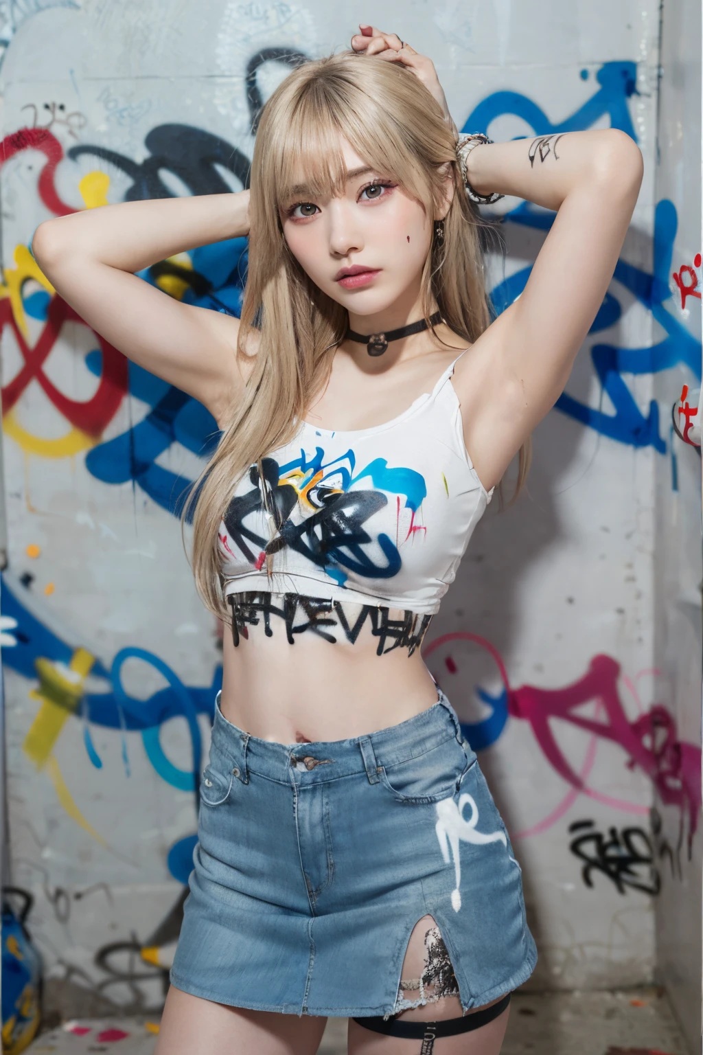 (8K, highest quality, High resolution:1.1), 明るいblonde hair, thighs are open, smile, spread your legs, lying down, squat, I can see your pants,Draw so that the crotch cloth of the white underwear is visible.., Skirt flip, ((Torn and tattered damaged jeans , tight mini skirt)), choker, (graffiti:1.5), paint splashes, place your hands behind your back, towards the wall, When I look through the viewfinder , bracelet, thigh strap, body painting, head tilt, blonde hair, iris blue eyes, (Body shiny with oil),　8K resolution, intricate garments, intricate details, Pants visible from skirt, Pants fully visible, boyish girl, short hair, showing off her panties, Panties look nice, string panties　, Angle from feet, angle from below, Angle looking up from below, show off your crotch