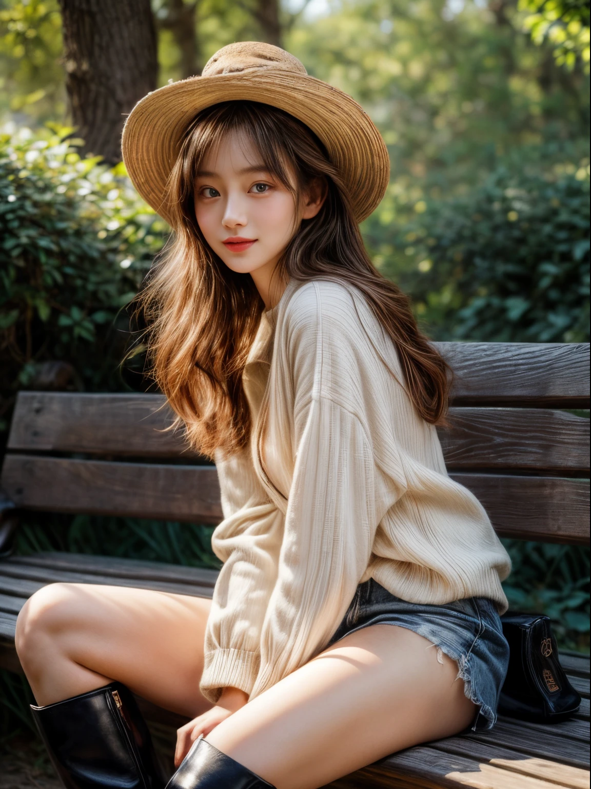 ​masterpiece、8K、32K、top-quality、(A detailed eye)、(A cute Japanese woman、bangss)、23years old、1 girl in、elegent、(sunlight filtering through trees)、(Detailed background depiction、portlate:1.2)、(Onepiece:1.2)、newyork、sit on a bench、(long boots:1.1)、cowboy  shot、ssmile、head shot