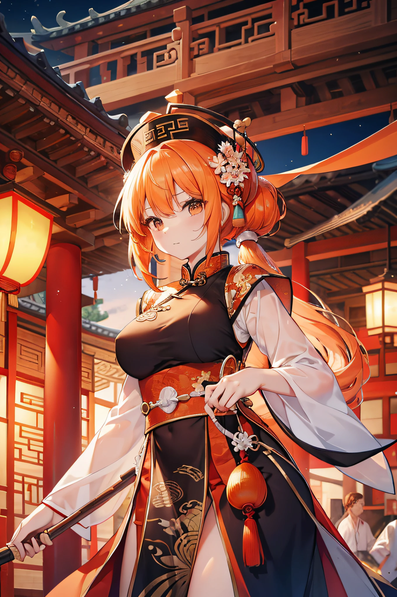 4k,hight resolution,White orange hair,poneyTail,huge tit,Ancient Chinese armor,Ancient Chinese Dresses,ancient chinese crown,spear,Ancient Chinese town
