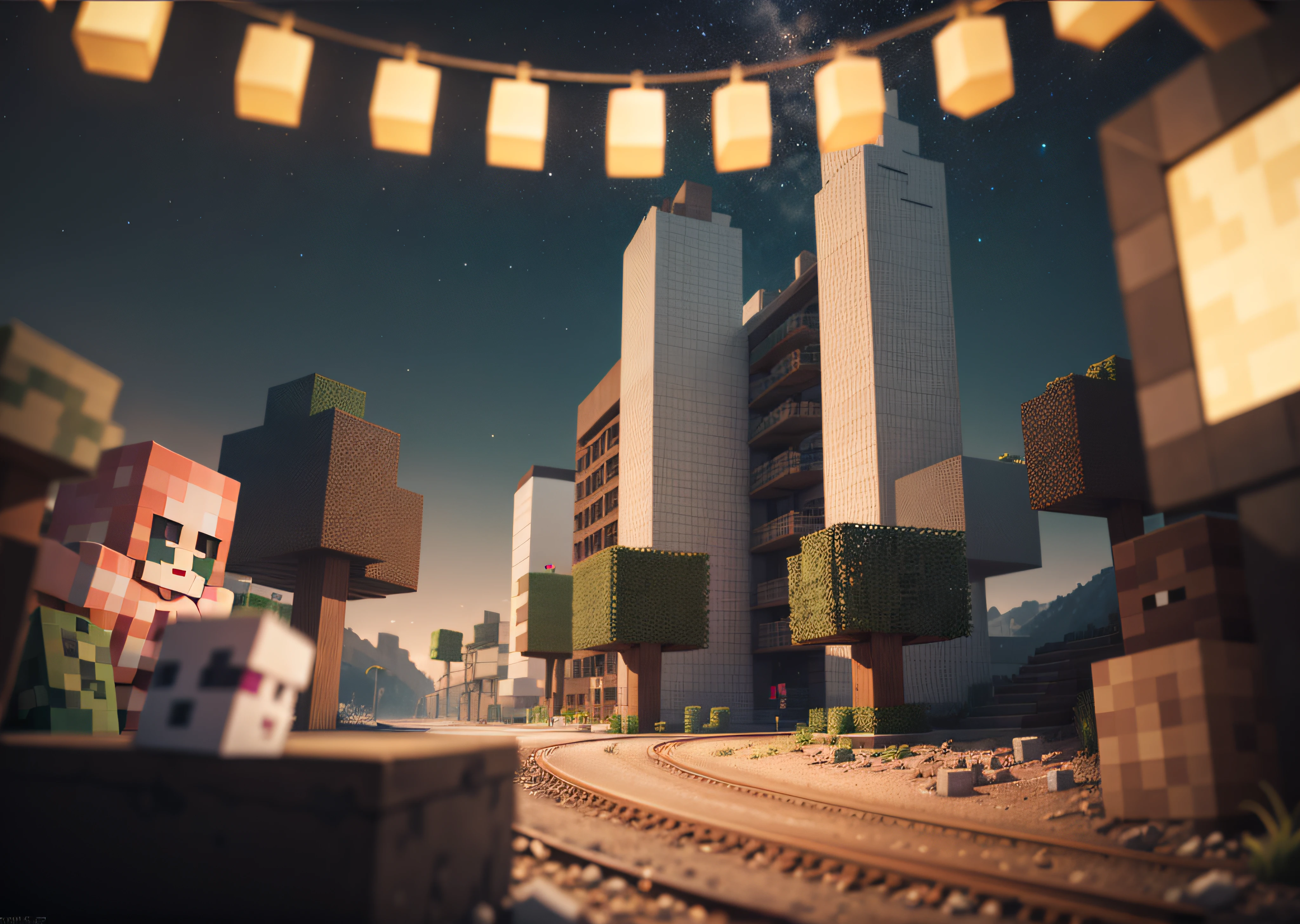 Minecraft themed during a late night cinematic with a 50 mm lens