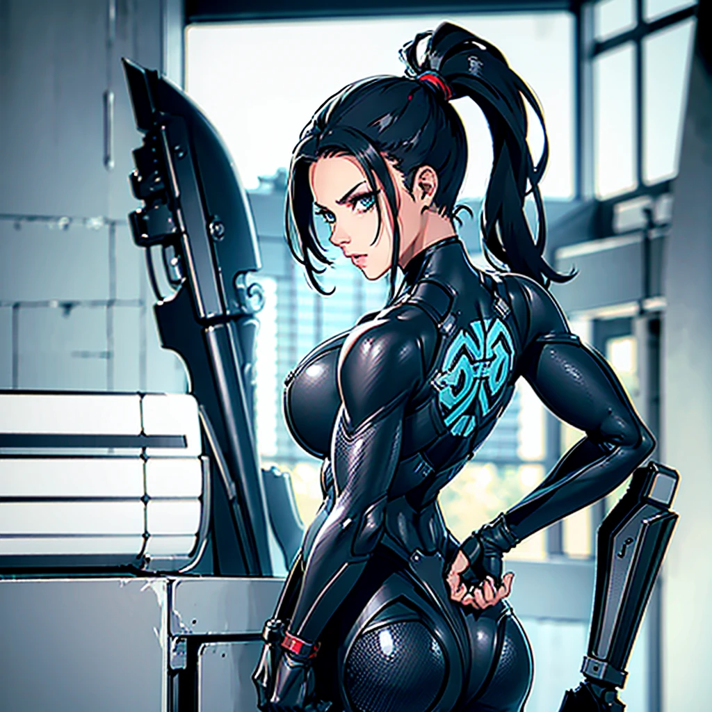 (((Annie Lennox))), (((turquoise and pink))), (scars), (((Bandaged hands))), (((back view))), (((perfect ass))), ((hooded cloak)), (((Quorra))), (((best qualityer: 1.4))), (Unbeatable masterpiece), (hiper HD),(CG 8k hyper-realistic), (((brave face))), (((breasts big))), (((hyper feminine))), sexly girl, Tron,（black bob hair)), ((( sculptural body ))), (((1 Kizi))), Kizi cibernética de 25 anos com perfectbody, standing backwards ,Beautiful and well-groomed face,muscular body:1.2,solid color detailed jacket, (Head to thigh photos)， Complex equipment, green dark，long pants，Tight clothes are dark，With white stars and off-white stripes,,,,,Armor Metal Electronic Parts, Poison tattoos ) INFO, Kizi, (((standing alone))), pirralha violent, (((14歳))), sexly, pose de atitude, work of art, post-apocalypse, (((manga style))), bounty hunter, violent, Manic, the way you want, slenderbody, thin but strong, perfectbody, roupa moderna, advanced technology, neon, sleeves with vertical striped pattern, neutral background, (( cowboy shot )). intricate visual