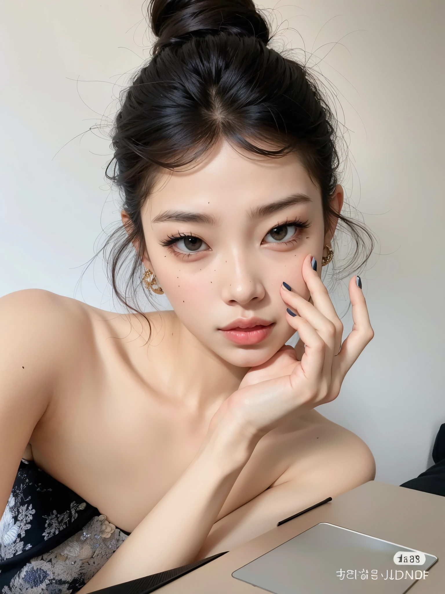 A closeup of a woman with long hair and a tattoo on her arm, Beautiful Asian girl, asian features, Asian face, south east asian with round face, Asian girl, asian beautiful face, beautiful aesthetic face, rosto sexy com maquiagem completa, detailed face of a asian girl, 18 anos, menina coreana, korean face features, young adorable korean face
