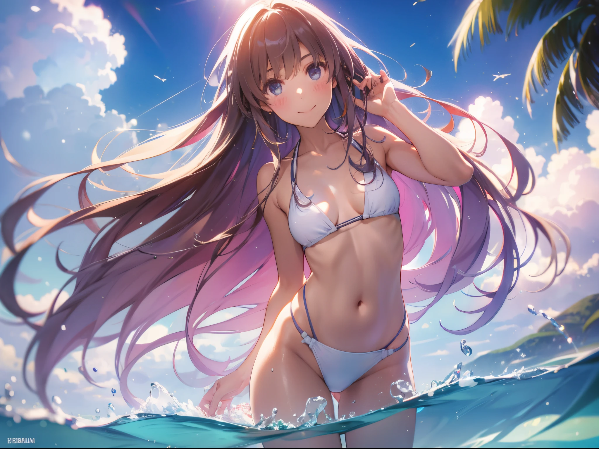 a girl、high teen female、a picture、realisticlying、top-quality、adopt、A detailed face、pink long hair、lightly smileing,Southland、tropical white sand beach,full body Esbian、White Bikini、a detailed backgrounds、diffuse sunlight、depth of fields、Bokeh,dutch angle