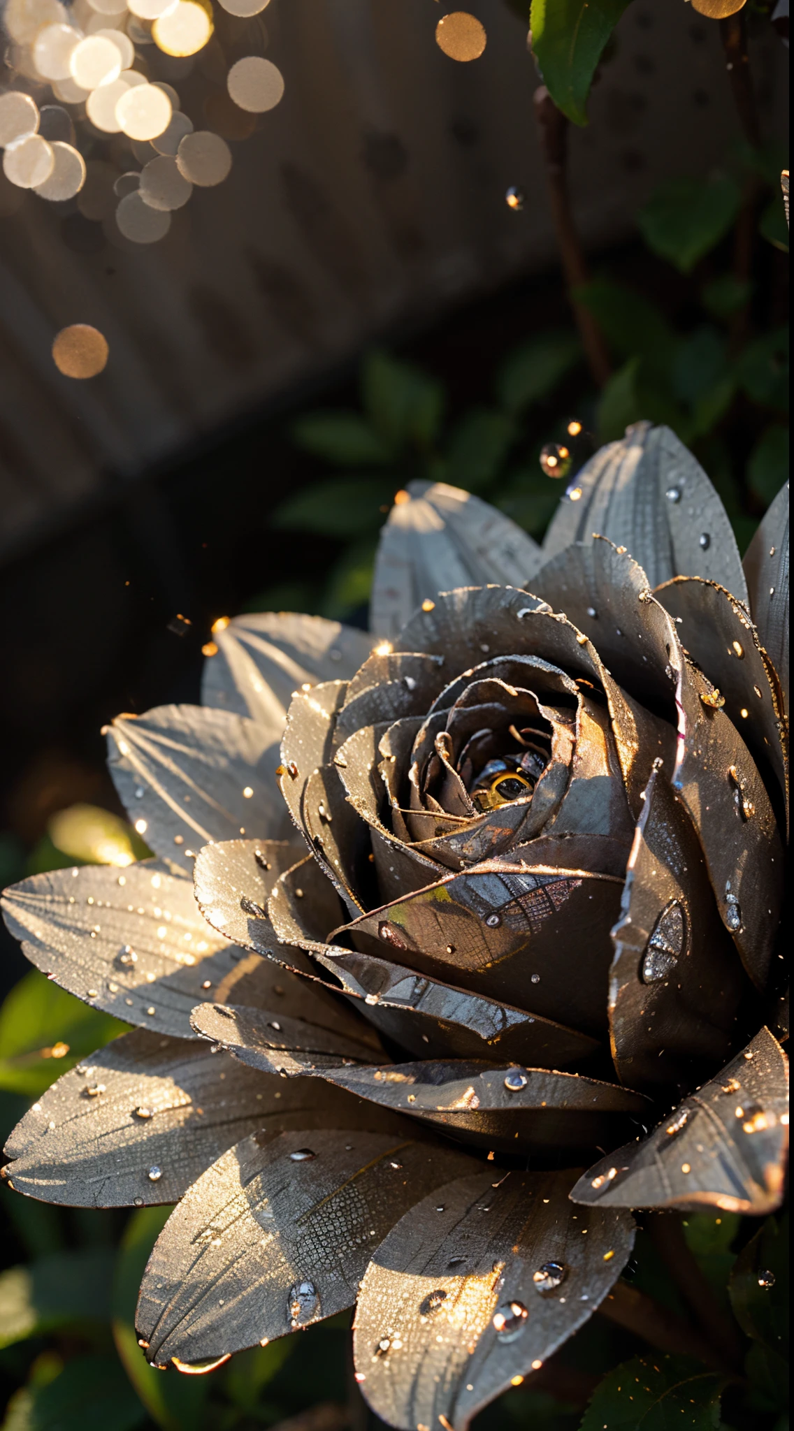 ((masterpiece)), extreme close up on a flower on garden, raw photo, after rain, water drops, metal flower:1.4),[(flower AND metal)::12], the flowers petals are made of metal, the petals have a metalic appearance, relections, surface sccatering, extreme high quality, professional image, the image has a round center, cinematic, artistic, 4k, perfect lighting, beautiful, bokeh