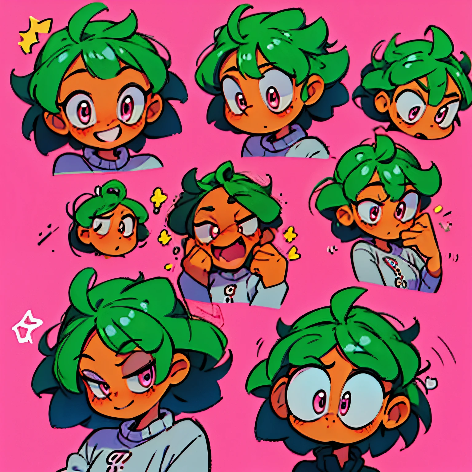 very happy laughing anime female head icon short green hair pink eyes looking diagonal right up no background