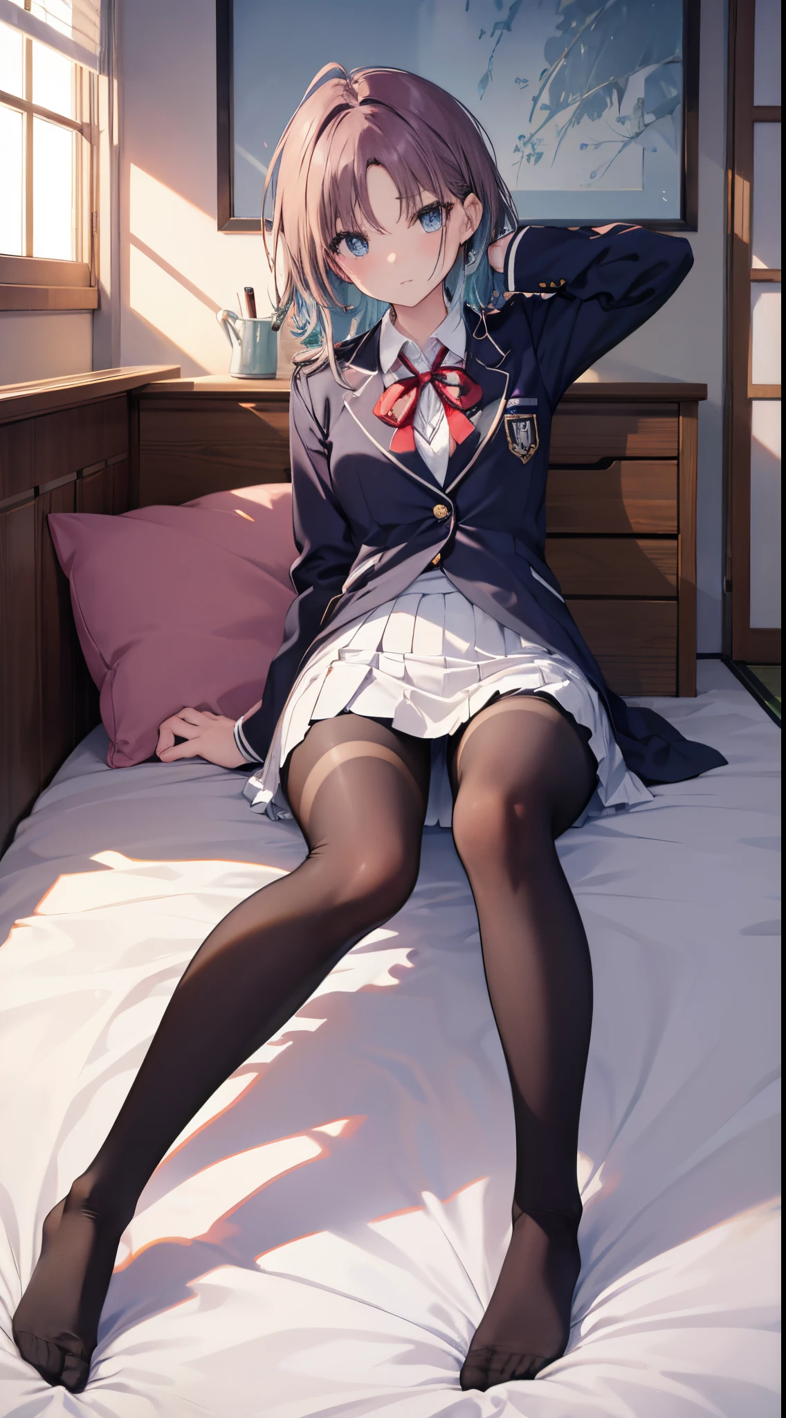 Asakura penetrate、Japanese girl with slim body、独奏、Full body portrait from head to toe、small tits、long light brown hair、blue eyess、Red face、Embarrassed look、Blazer High School Uniform、Black pantyhose、Black tights、black pantyhose、Black Knee High Socks、white panties、No shoes on、lying on the bed、Pose with hands hidden behind your back、Open legs、White panties are visible、hi-school girl、bedroom、inside in room、during daytime