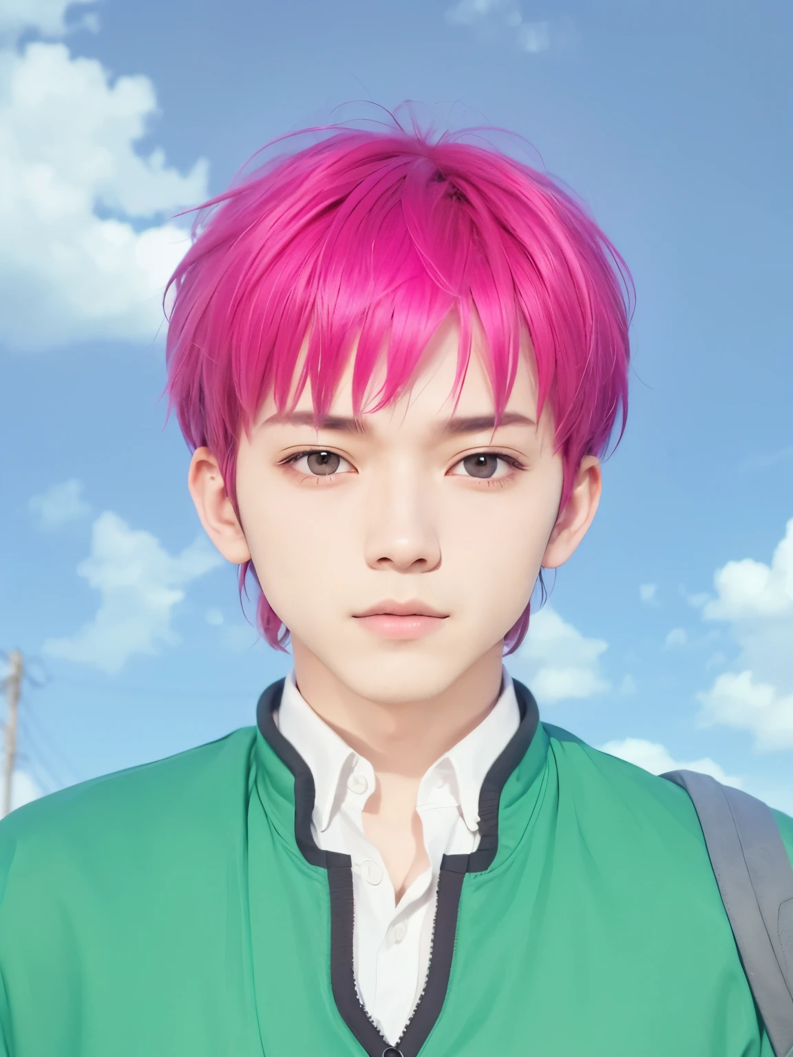 A man with realistic short pink hair, the same realistic hairstyle, realistic handsome face, realistic cool expression, adapts the same realistic clothes,Realistic light, realistic shadows, realistic background, very good image results, 4k, ultra detail, realistic,He's a male
