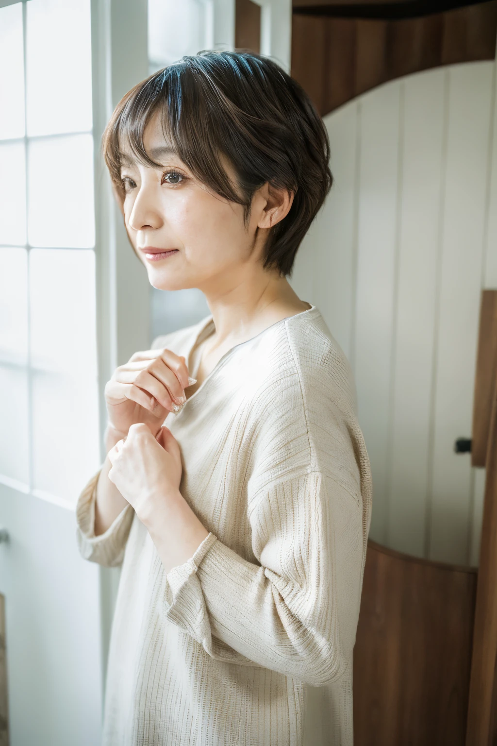 Autumn and winter feminine casual style portrait、japanese mature, (Solo), 40 years old, (Wrinkles at the corners of the eyes:1.2)、Autumn clothes、natural soft light、((I'm not looking at the camera))、((woman looking sideways))、(top-quality,masterpiece:1.3,超A high resolution,),(ultra-detailliert,Caustics),(Photorealsitic:1.4,RAW shooting,)Ultra-realistic capture,A highly detailed,high-definition16Kfor human skin、 Skin texture is natural、The skin looks healthy with an even tone、 Use natural light and color,One Woman,japanes、A dark-haired,Middle hair,(depth of fields、chromatic abberation、、Wide range of lighting、Natural Shading、)、(Photographed in front of a white wooden door and white wall)、Random Poses、Other shots、Medium hair、bob、Accessories include gold pendants and delicate rings、Autumn/winter feminine casual look hairstyle portrait、Styled with soft curtain bangs and loose, romantic curls