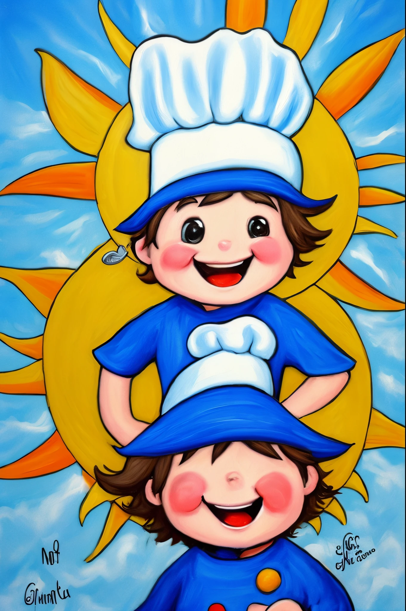 Cheerful and cute sun with chef hat. Pintura no estilo giz de cera colorido