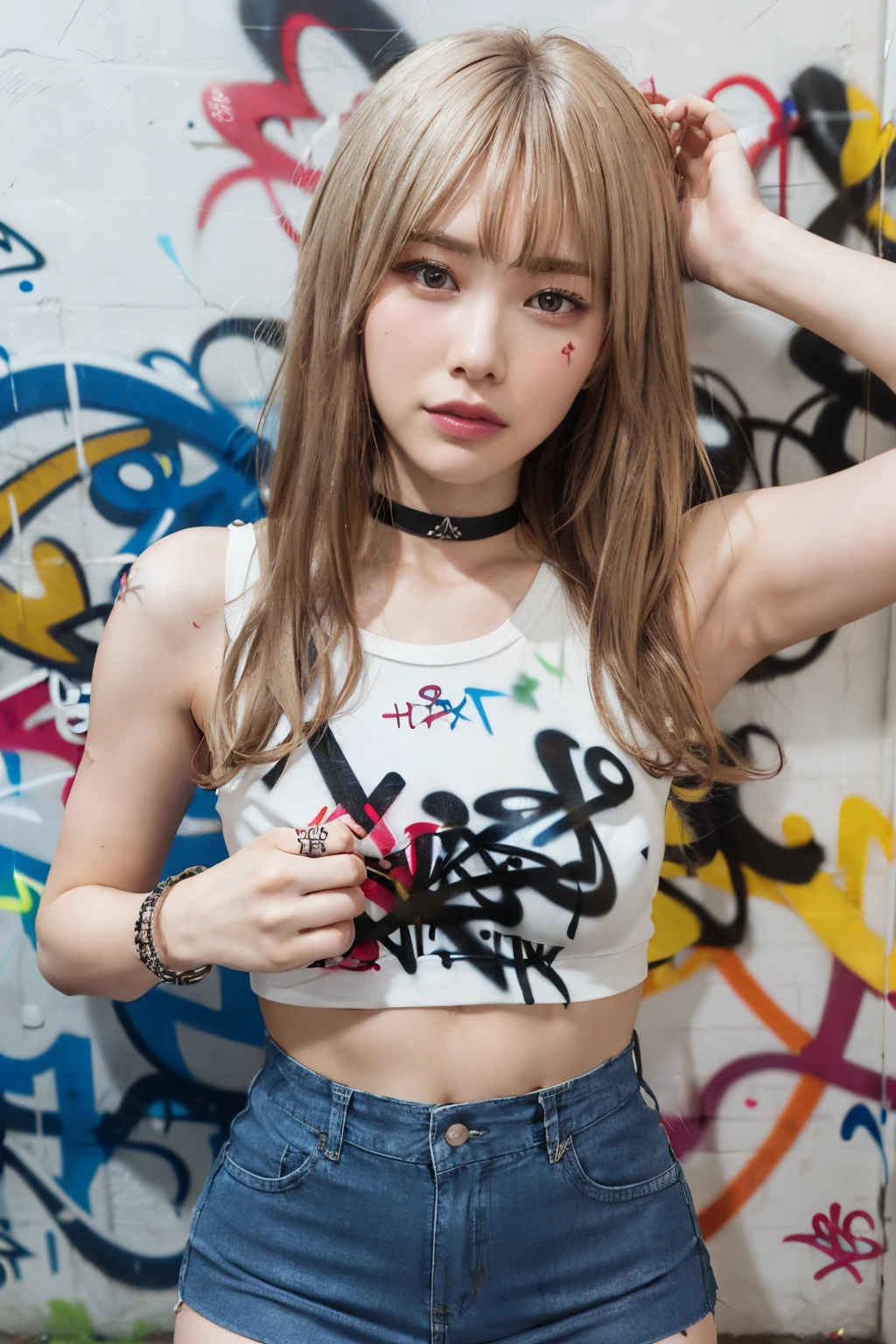 Hyper realistic, masutepiece, Best Quality, ((Lauren Gray, Olivia Dunn's face)) 1girl in, 独奏, croptop, denim ((tight miniskirt)), Choker, (Graffiti:1.5), Hands behind your back, against a wall, Look at viewers, A bracelet, Thigh strap, tilt of the head, Blonde hair, Gray-blue eyes of the iris, 8K resolution, intricate clothing, Intricate details,