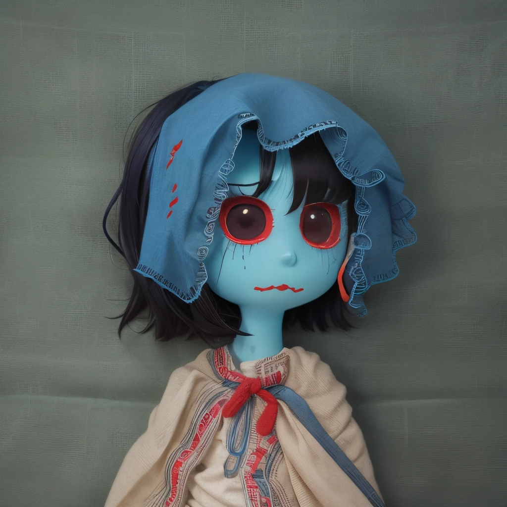 Plush toy, Rag toy, Sewn cloth mouth, Blue fabric sewn with threads, red eyes, blue skin, black hair, dress, creepy plush