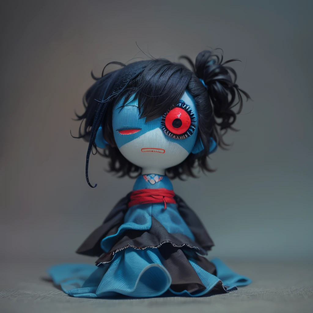 Plush toy, Rag toy, Sewn cloth mouth, Blue fabric sewn with threads, red eyes, blue skin, black hair, dress, creepy plush