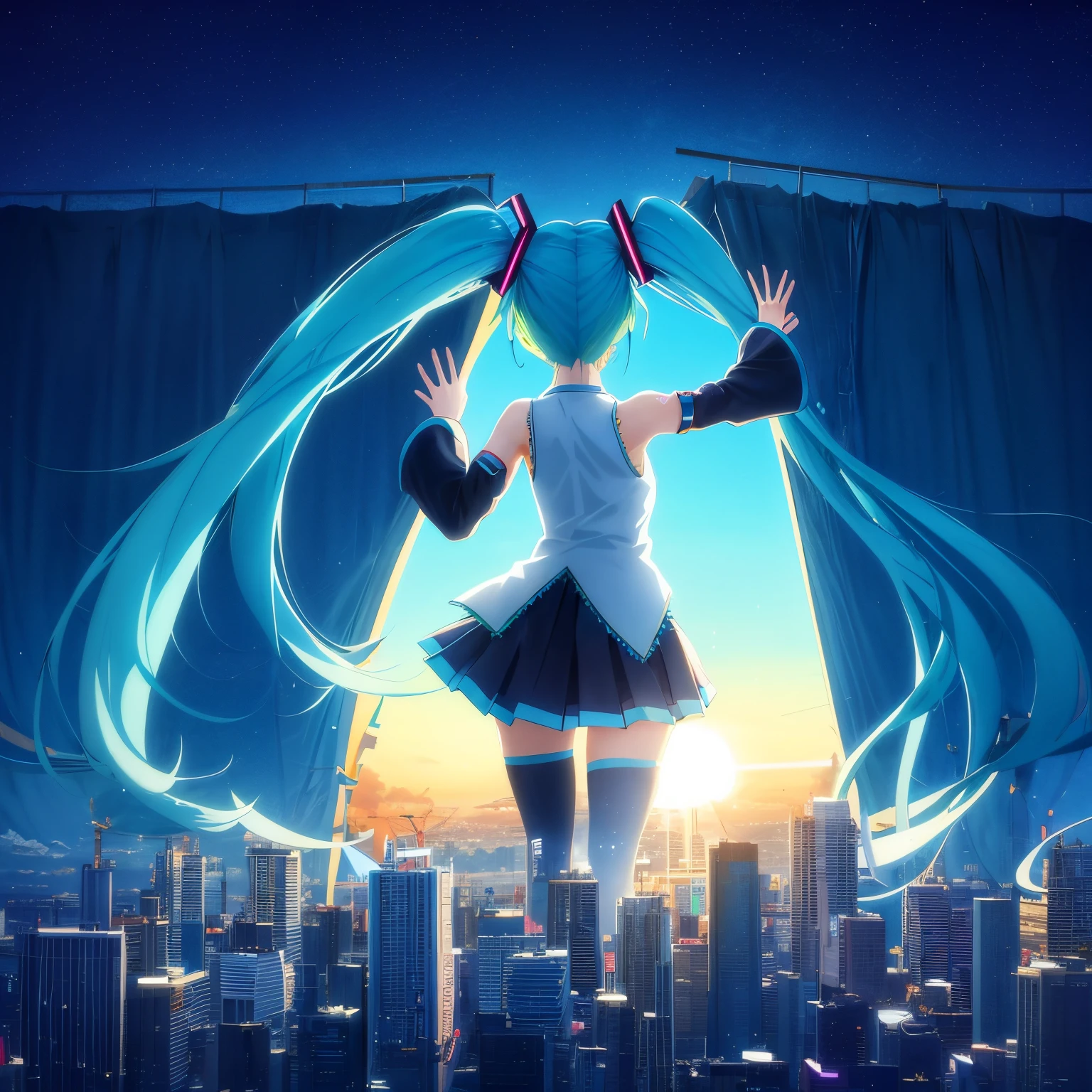Anime girl with long hair standing on a ledge in front of the window, ultra hd anime wallpaper, Hatsune Miku, anime style 4 k, anime wallpaper 4k, anime wallpaper 4 k, Anime art wallpaper 8k, Miku, 4k anime wallpaper, anime art wallpaper 4k, anime art wallpaper 4k, Pixiv Contest Winner, inspired by Cyril Rolando