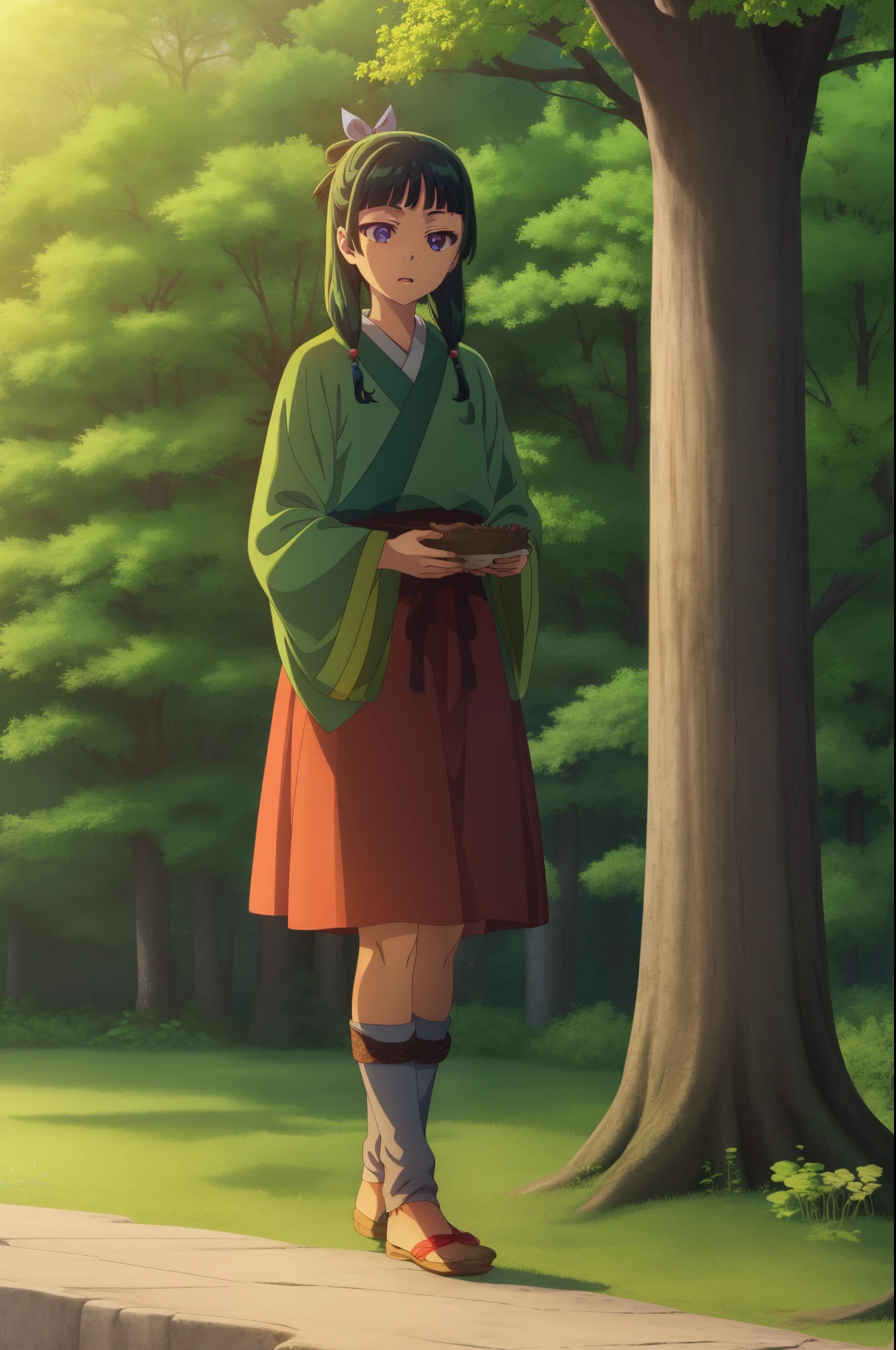 Masterpiece, best quality, highres, absurdres, 1girl, maomao, lady in waiting, solo, red skirt, forest, trees, mushrooms, collecting herbs, crouching, happy, surprise, eyes shining,