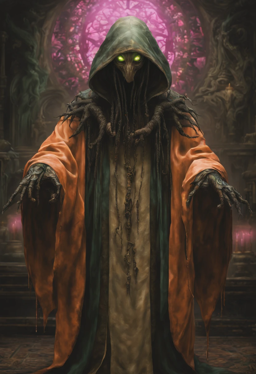 a full body terrifying sorcerer, a xenomorphic monster with wild eyes, fangs and drooling in pastel orange peach beige ivory violet pink and green, his terrifying presence envelops the viewer's senses: a tall figure in a billowing ebony robe, tattered and marked with mysterious symbols. In a dimly lit camera, captured in remarkable detail in vivid oil painting, the magician's sinister eyes pierce the canvas, appearing as if they could stare directly into the soul. The image is a masterful work of art, presenting an intense and chilling embodiment of dark magic, cinematic photography and the unreal engine 5.2