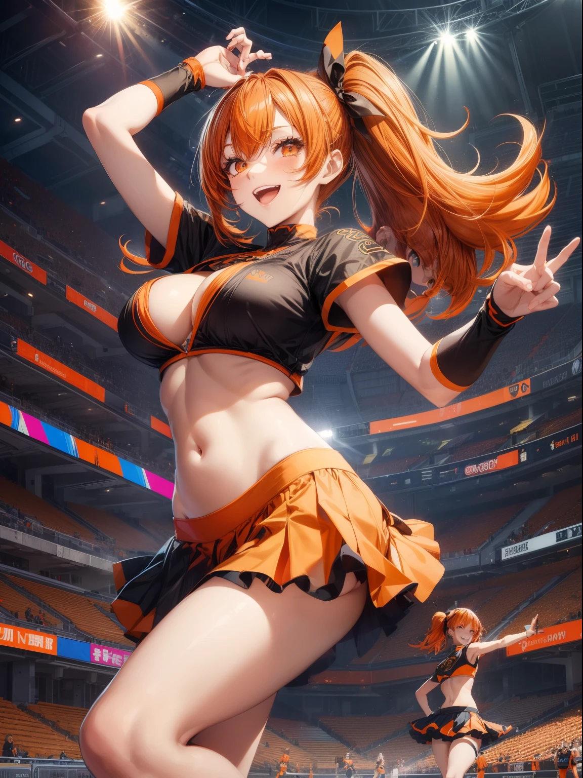 top-quality、Full limbs、complete fingers、one beautiful women、Beautiful Large Breasts、poneyTail、orange hair、Cheergirl Costume、Orange and black tops with team logo、Exposing the belly、Orange and black super mini skirt、orange high leg spats、A big smile、Football Stadium、sexypose、Dancing、composition seen from below