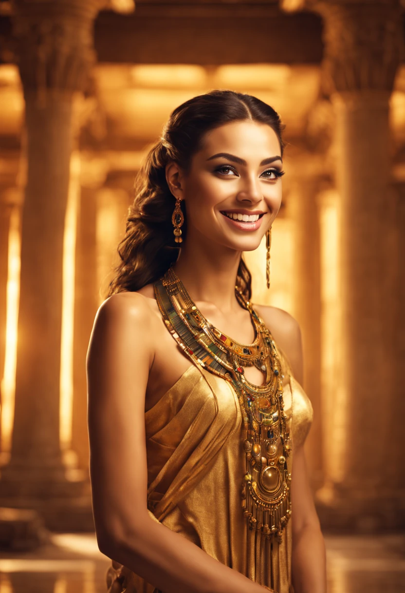 (best quality,highres,phographic),beautiful smiling woman,ancient Egyptian-style hair, golden dress, nude breast, Egyptian necklace, penetrating gaze, vibrant colors, elegant lighting, detailed facial features, mesmerizing beauty, graceful posture, luxurious environment, regal aura, stunning artwork, exquisite craftsmanship