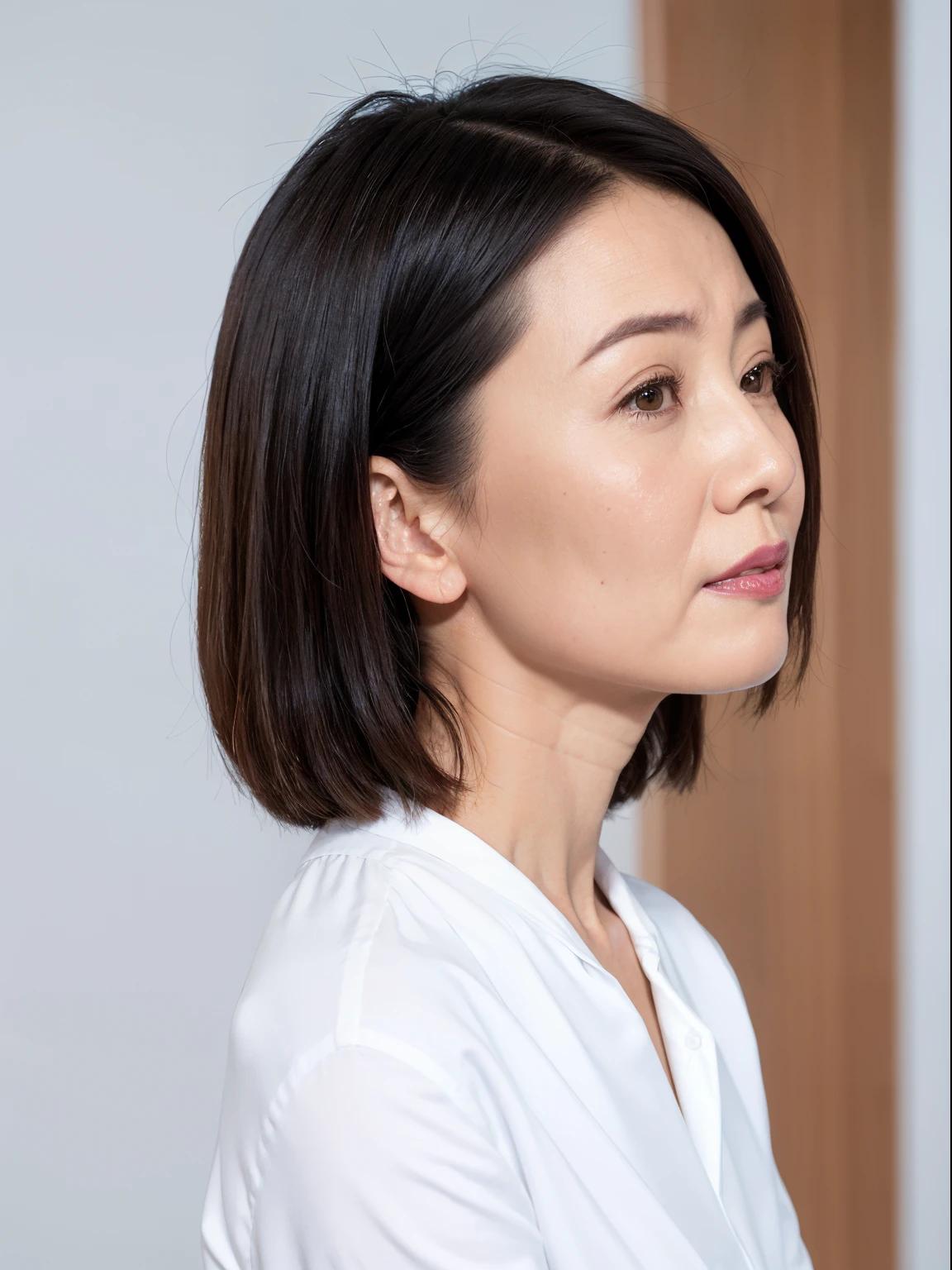 (8k)、(Photorealsitic:1.4)、top-quality、超A high resolution、extremely detailed eye、profile、Autumn and winter feminine casual style portrait、japanese mature, (Solo), 40 years old, (Wrinkles at the corners of the eyes:1.2)、Autumn clothes、natural soft light、((I'm not looking at the camera))、(top-quality,​masterpiece:1.3,超A high resolution,),(ultra-detailliert,Caustics),(Photorealsitic:1.4,RAW shooting,)Ultra-realistic capture,A highly detailed,high-definition16Kfor human skin、 Skin texture is natural、The skin looks healthy with an even tone、 Use natural light and color,One Woman,japanes、A dark-haired,Middle hair,(depth of fields、chromatic abberation、、Wide range of lighting、Natural Shading、)、(Taken in front of a white door and white wall)、Random Poses、Other shots、Medium hair、bob