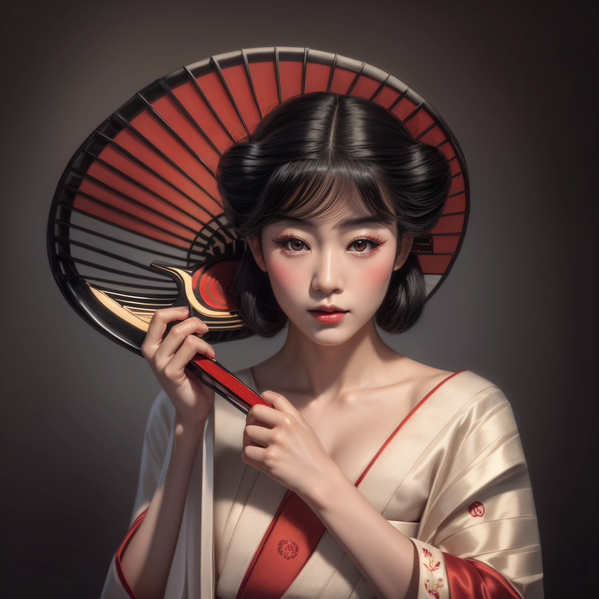 a young beautiful geisha, with black hair, with full lips, beautiful eyes, wearing a kimono, holding a fan, realistic portrait of a geisha, realistic portrait of a beautiful geisha, portrait of a geisha, beauty geisha, elegant japanese woman , beautiful realistic digital art of geisha, glamorous and sexy geisha, beautiful realistic art of a japanese woman, delicate japanese geisha, female geisha girl.