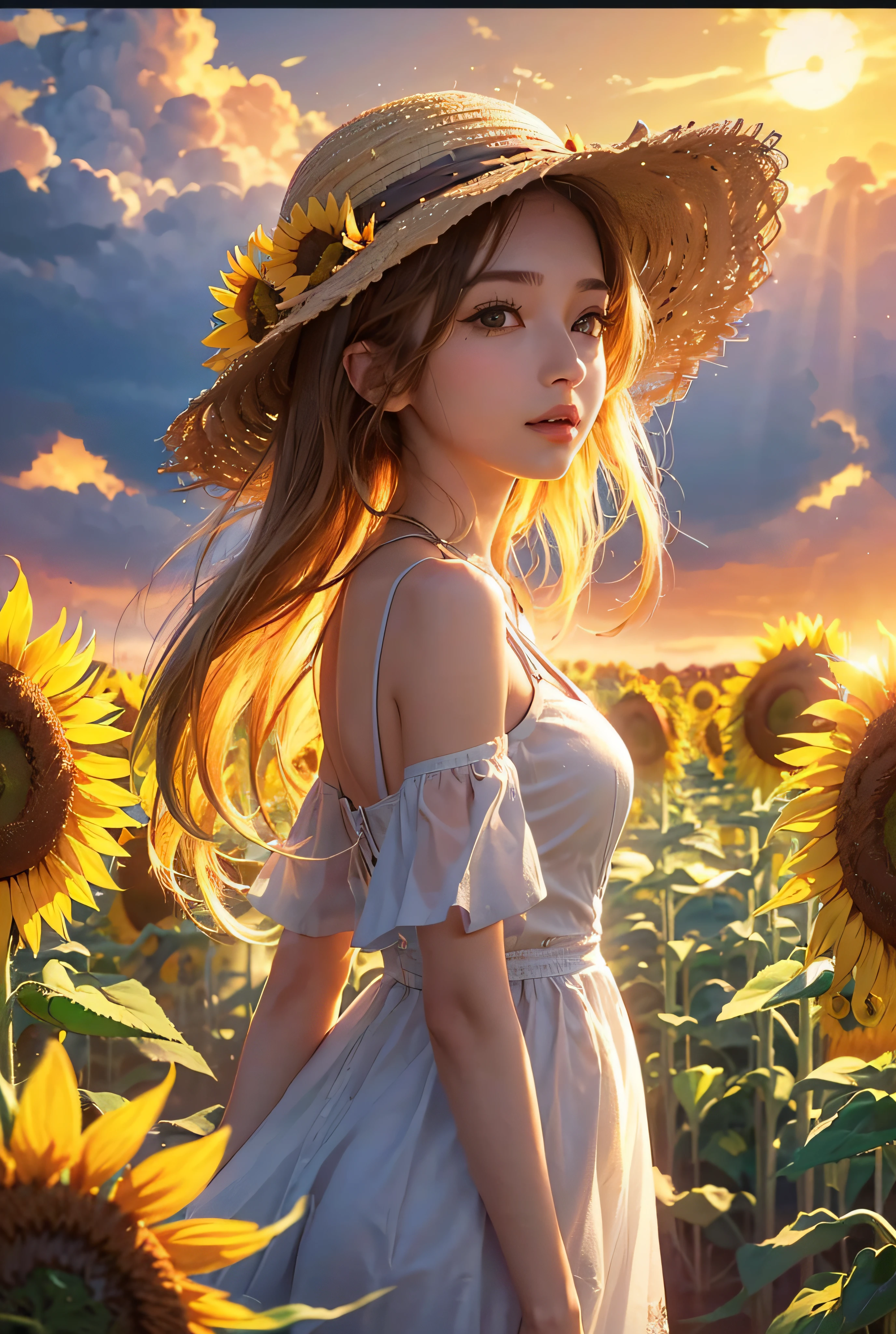 (extremamente detalhado CG unidade 16K papel de parede:1.1), (Denoising strength: 1.45), (Master Piece:1.37), ((Girl in straw hat looking back on a field of sunflowers)), (luz de fundo), (best ilumination, Melhor sombra, um extremamente delicado e bonito), Menina no eixo central da imagem, seios pequenos, ((Sunflowers with the utmost in detail)), beautiful detailed sky, Corpo Perfeito, (Rosto bonito e detalhado), meninas extremamente delicadas e bonitas, Sunflower fields at sunset, Sunset, cabelos pretos, bela nuvem detalhada, (((extremamente detalhado CG unidade 8k papel de parede, Ultra-, raios de deus, brilho, luz brilhante, master part, best quality