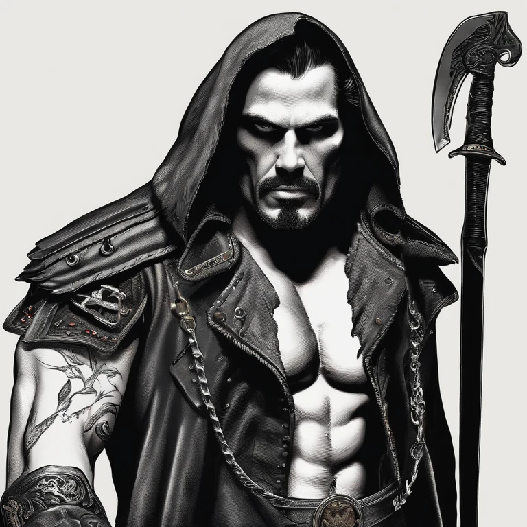 Jason “Reaper” Donovan was an imposing figure, standing at 6’5” with a muscular build, embodying the quintessential outlaw biker. His body was adorned with tattoos, each symbolizing a chapter of his turbulent life. A distinctive scar running down his left cheek and cold, piercing eyes added to his intimidating presence. Reaper’s rugged, weathered features spoke of a life lived on the edge, far removed from ordinary society.,original,Jason “Reaper” Donovan was an imposing figure, standing at 6’5” with a muscular build, embodying the quintessential outlaw biker. His body was adorned with tattoos, each symbolizing a chapter of his turbulent life. A distinctive scar running down his left cheek and cold, piercing eyes added to his intimidating presence. Reaper’s rugged, weathered features spoke of a life lived on the edge, far removed from ordinary society.,face,photo