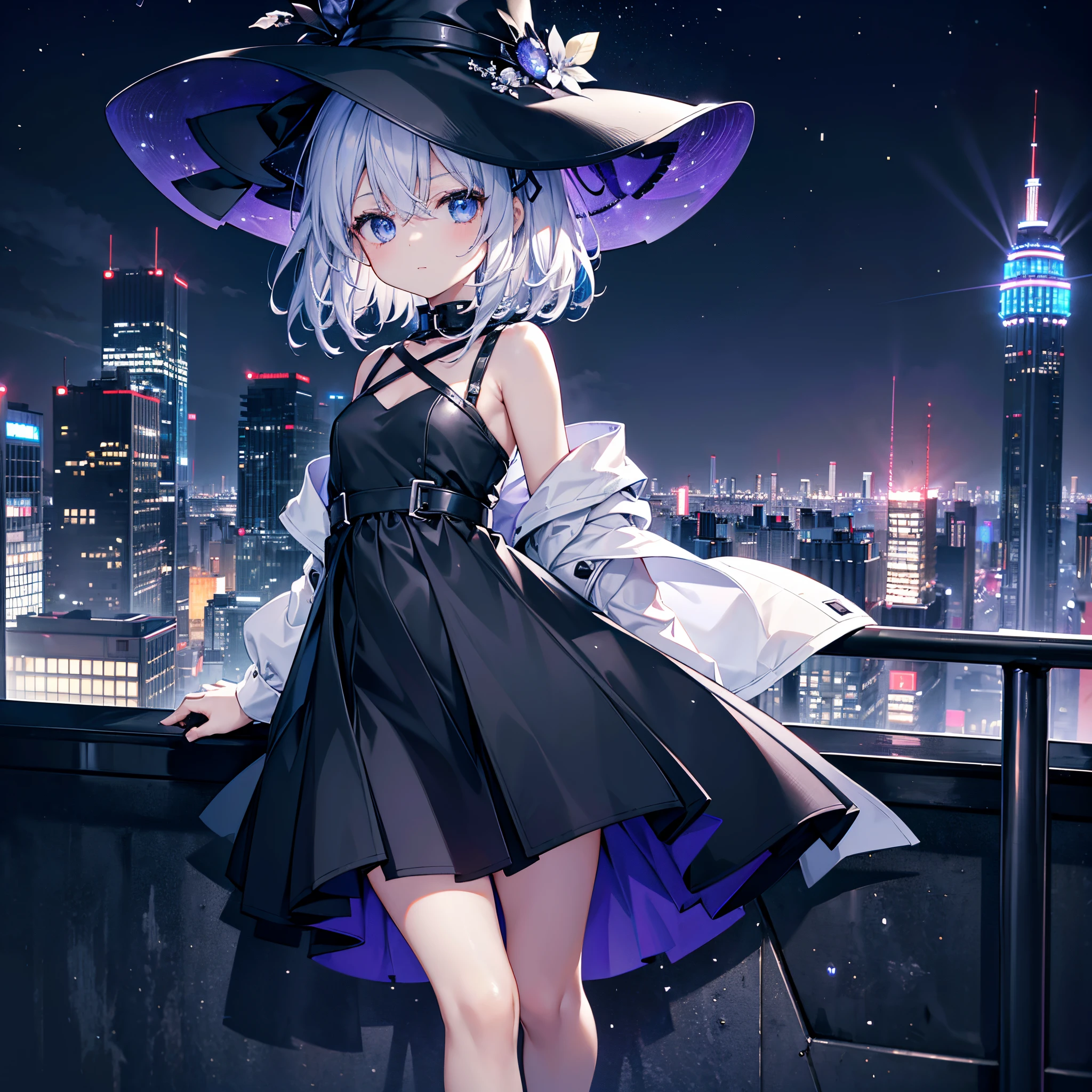 This is the rooftop of a skyscraper in Tokyo.、It's late at night now.、You can see the night view of many low buildings in the background.、Photograph her from above、Small moon and starry sky、You can see the beautiful sea with the moonlight reflecting in the distance.、Photograph her from an angle of 45 degrees above、One 27-year-old woman with small breasts、She wears a large black witch hat with sapphire accessories、Medium short silver hair with reddish-purple mesh、He is looking at me with a cool face and confused eyes.、Blue eyes with highlights、She is wearing a long black coat over a white t-shirt、White camisole、Black pleated skirt、Black sneakers with white shoelaces、small tits、discreet breasts、full-shot、hiquality、High Details、high-level image quality、4K picture quality、beatiful backgrounds