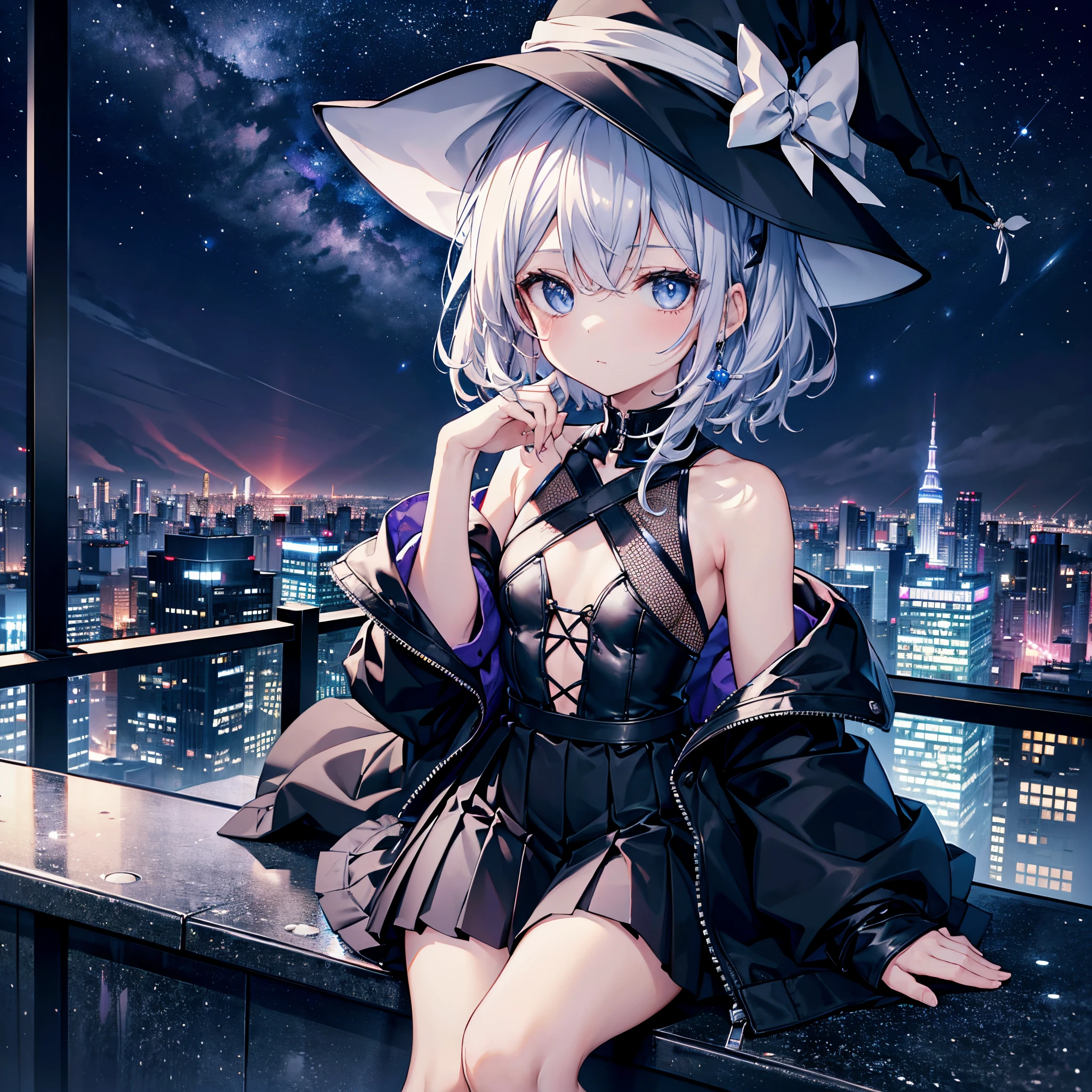 This is the rooftop of a skyscraper in Tokyo.、It's late at night now.、You can see the night view of many low buildings in the background.、Photograph her from above、Small moon and starry sky、You can see the beautiful sea with the moonlight reflecting in the distance.、Photograph her from an angle of 45 degrees above、One 27-year-old woman with small breasts、She wears a large black witch hat with sapphire accessories、Medium short silver hair with reddish-purple mesh、He is looking at me with a cool face and confused eyes.、Blue eyes with highlights、She is wearing a long black coat over a white t-shirt、White camisole、Black pleated skirt、Black sneakers with white shoelaces、small tits、discreet breasts、full-shot、hiquality、High Details、high-level image quality、4K picture quality、beatiful backgrounds