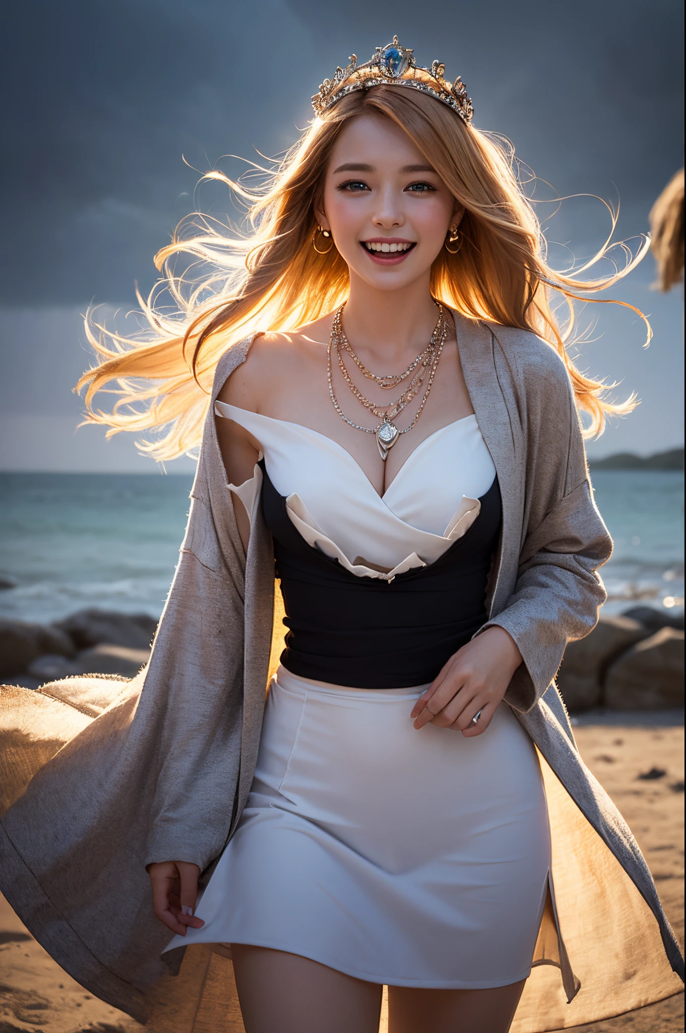 Adult female, Sexy witch, Long dark blonde wavy hair、Off-the-shoulder knit, Puffy nipples、(Long dress in black), Jacket、Medium Milk, Cute Smile、Expose your shoulders、(Pose to lean forward and emphasize the chest)、Gorgeous magic wand and book、Church of the castle、Sexy pose、(((The wind blows up my skirt)))、sexy lace panties