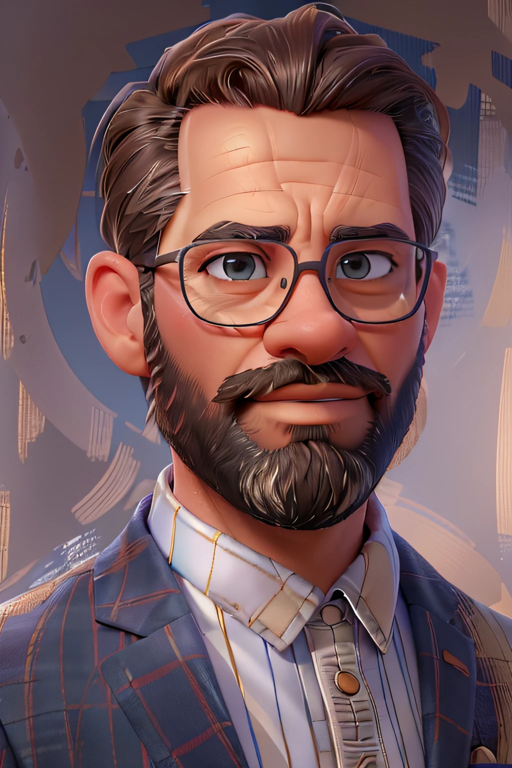 (best quality,4k,8k,highres,masterpiece:1.2),ultra-detailed,(realistic,photorealistic,photo-realistic:1.37),39 year old man,gradient hair,gradient beard,no mustache,strong jawline,sharp features,piercing eyes,intense gaze,distinguished appearance,sophisticated look,wise expression,wisdom and experience,confident smile,stylish outfit,fashionable attire,casual elegance,modern and classy,standing against a colorful abstract background,subtle lighting,soft shadows,rich color palette,vibrant hues,contrasting tones,artistic style,impressionist touch,elegant brushstrokes,texture and depth,realistic rendering,sophisticated details,meticulous attention to facial features,subtle wrinkles and lines,highly defined hair strands,perfectly groomed beard,fine skin texture and pores,detailed clothing folds and patterns,aesthetic composition,balanced and harmonious,fine art quality,painted on a canvas,portrait format,a masterpiece capturing the essence of age and wisdom.